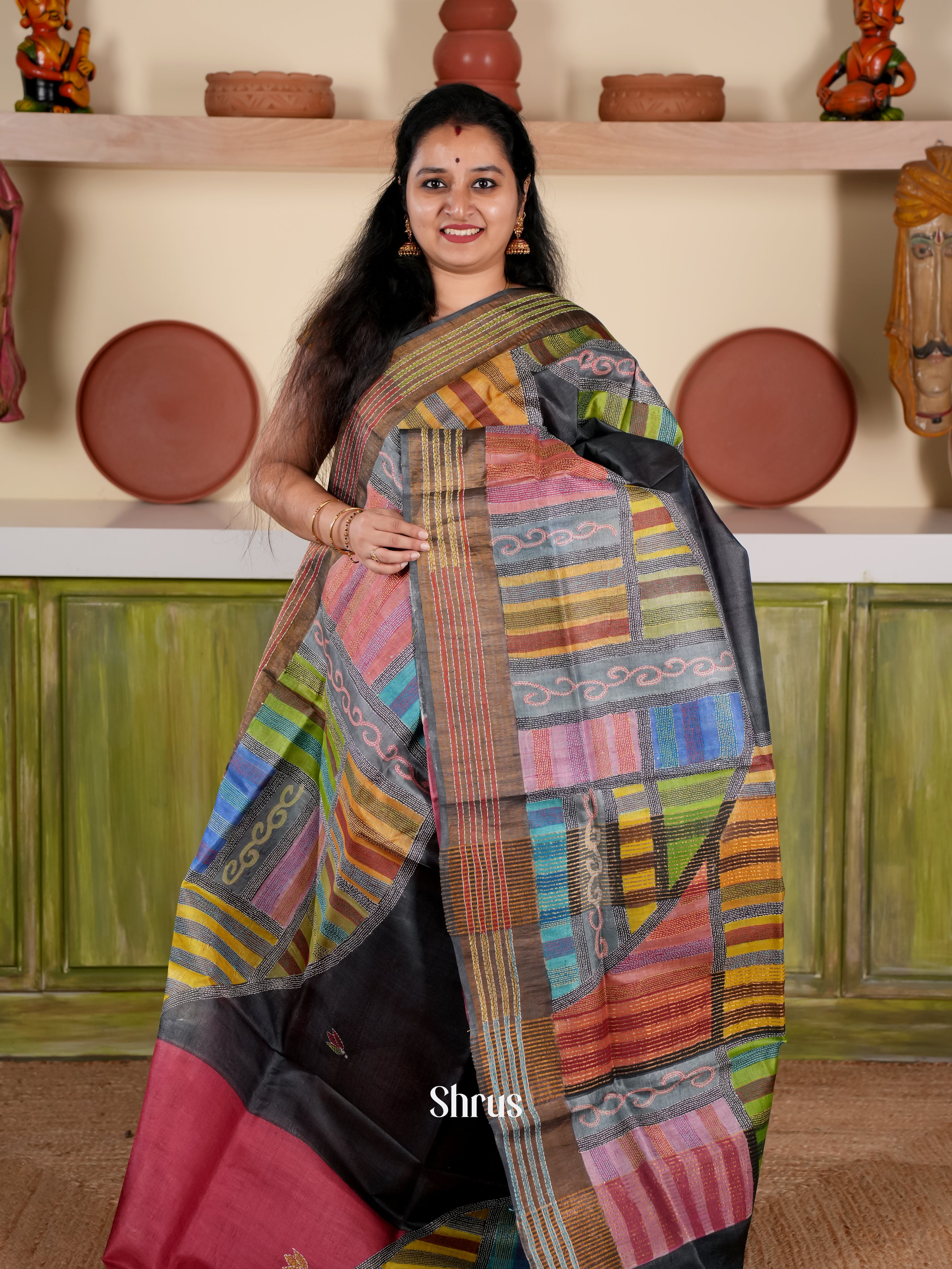 Black & Maroon- Tussar Saree - Shop on Shrus.com