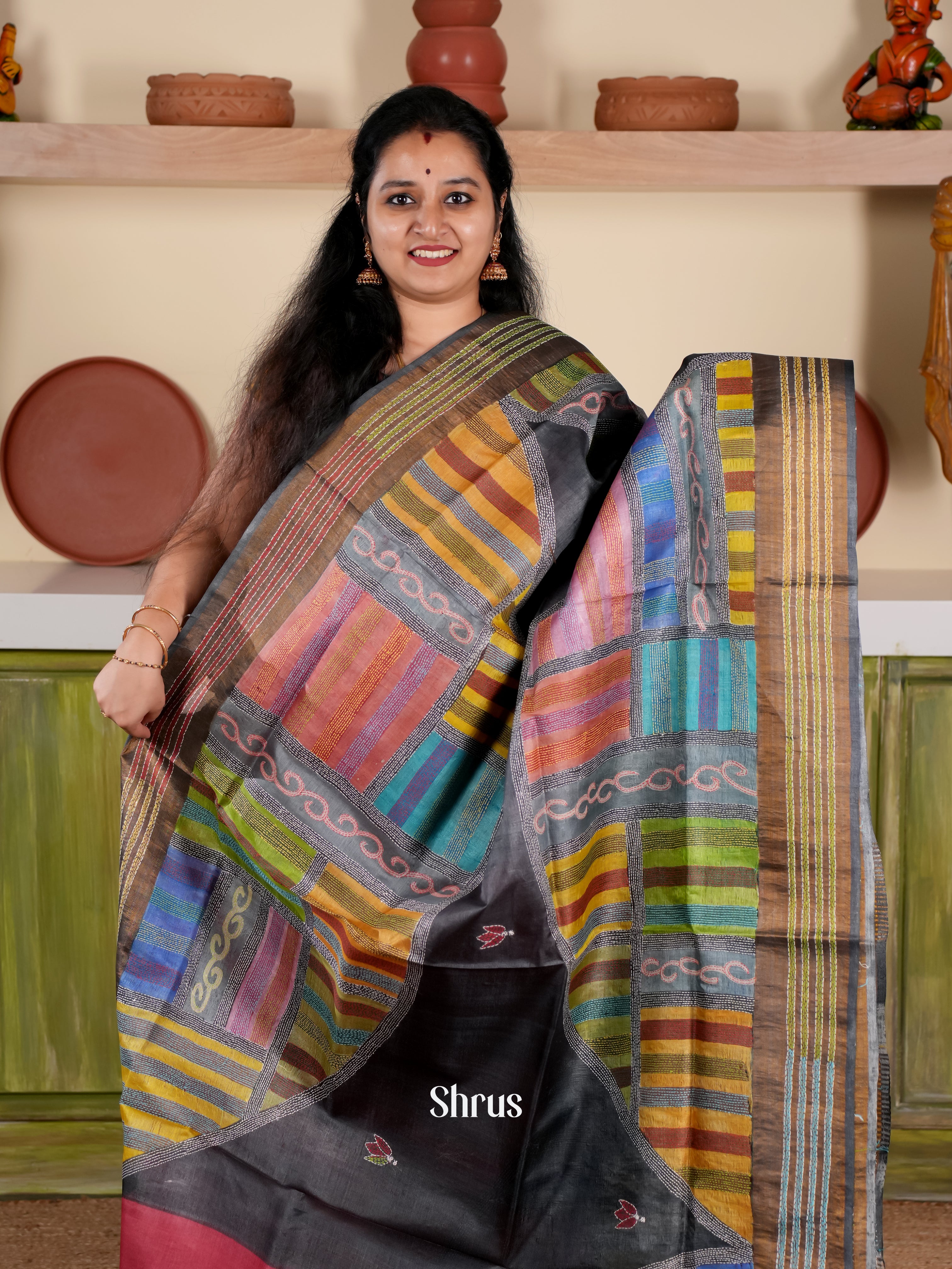 Black & Maroon- Tussar Saree - Shop on Shrus.com