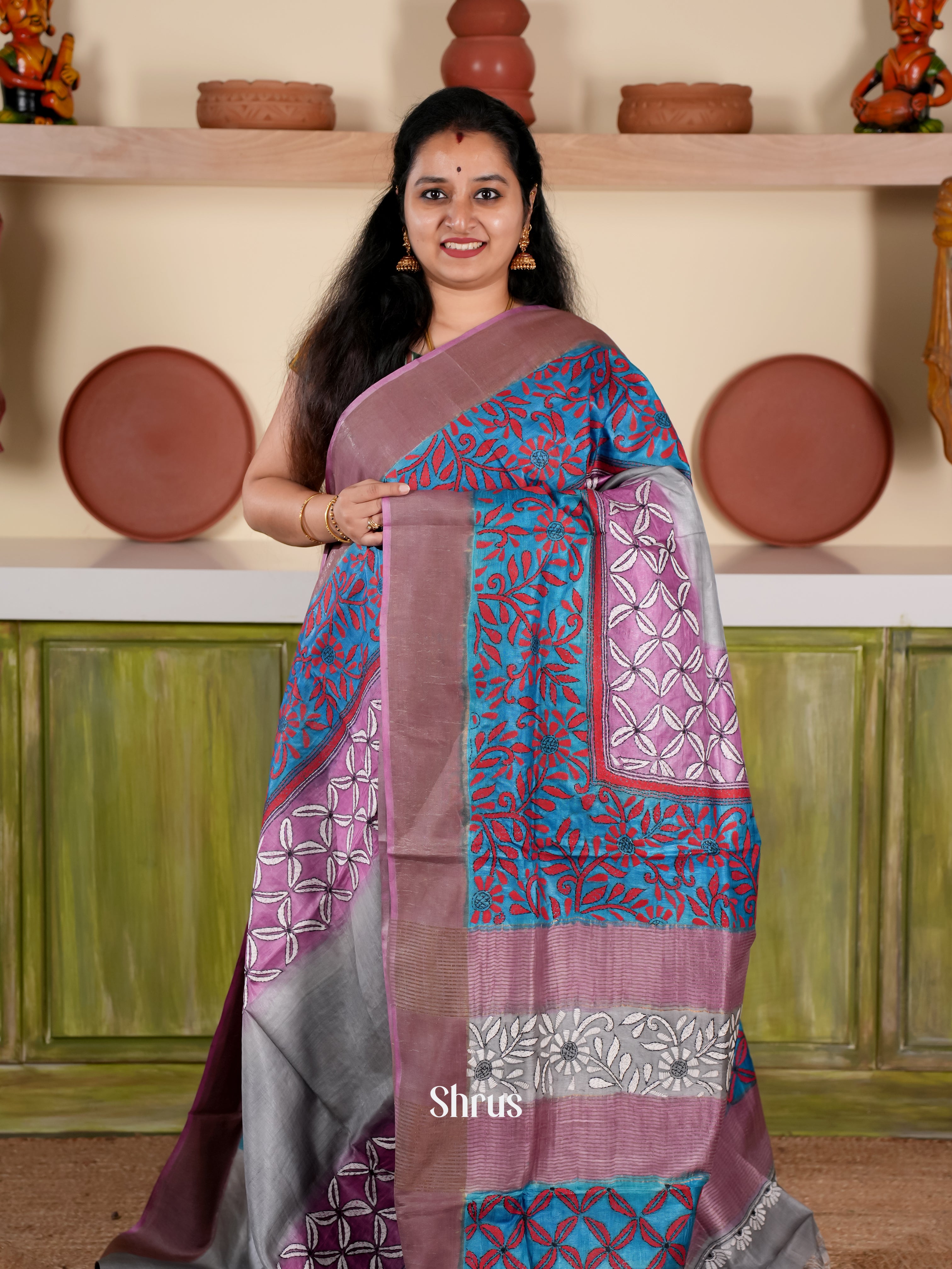 Grey & Blue - Tussar Saree - Shop on Shrus.com