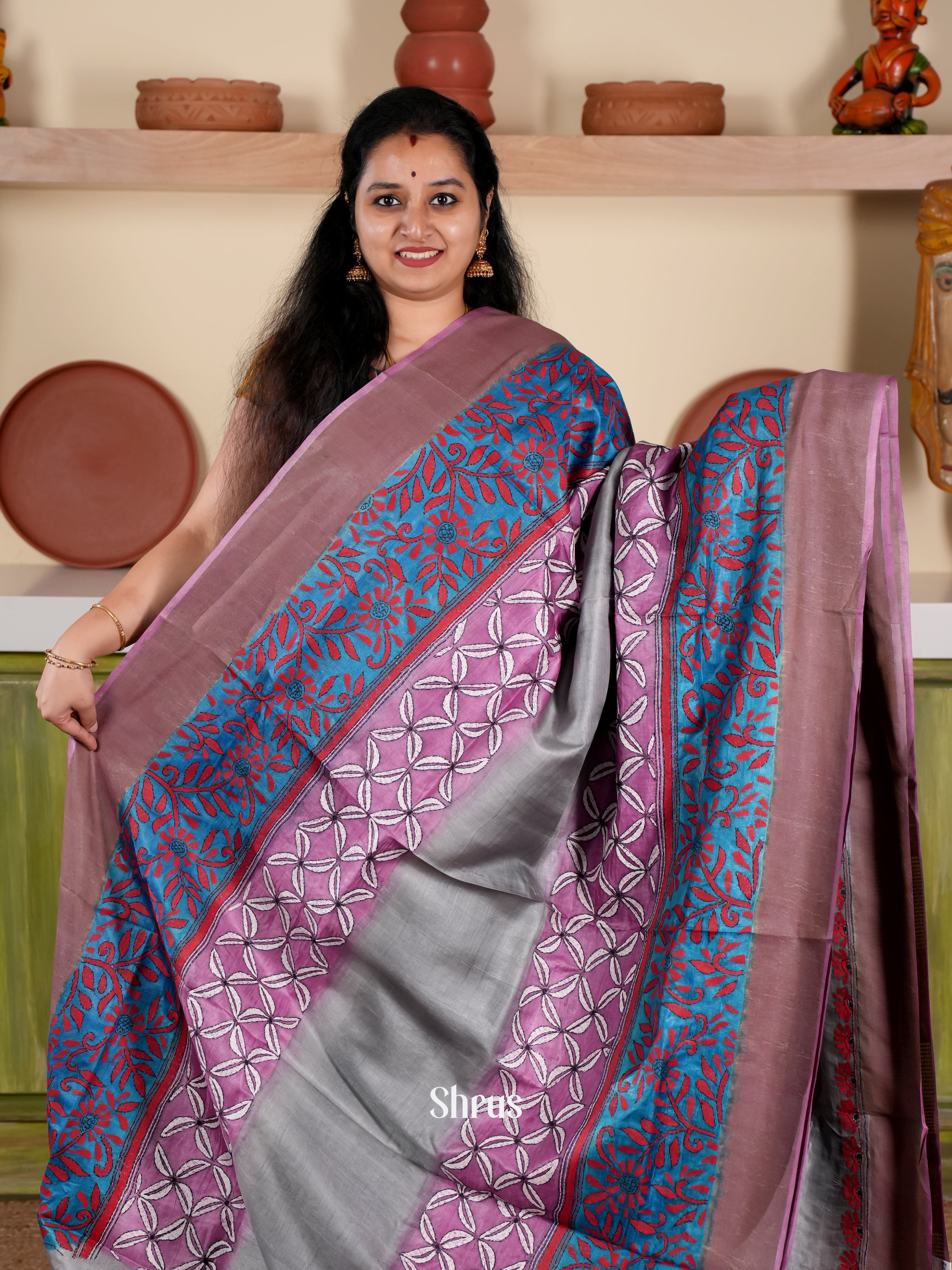 Grey & Blue - Tussar Saree - Shop on Shrus.com
