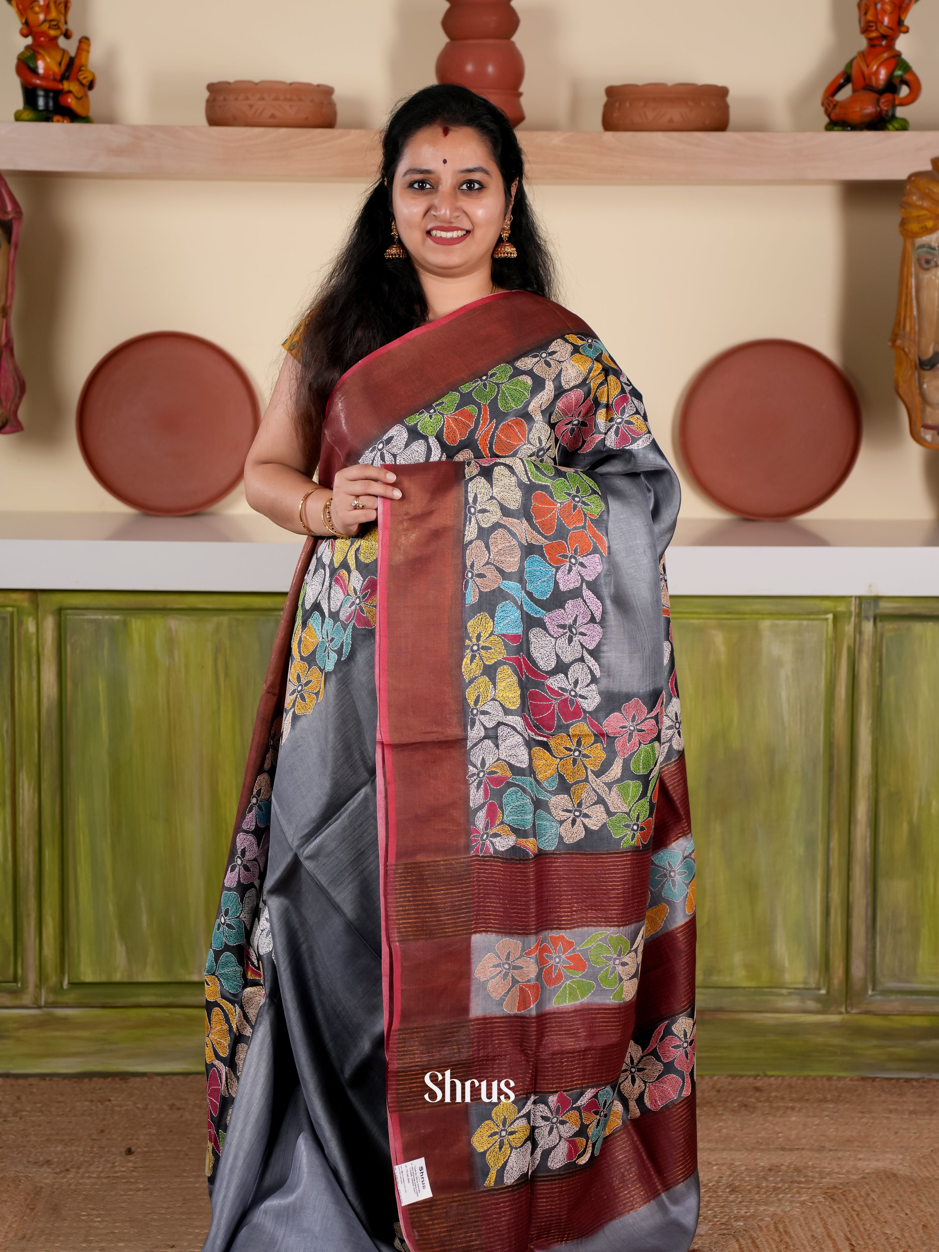 Grey & Brown - Tussar Saree - Shop on Shrus.com