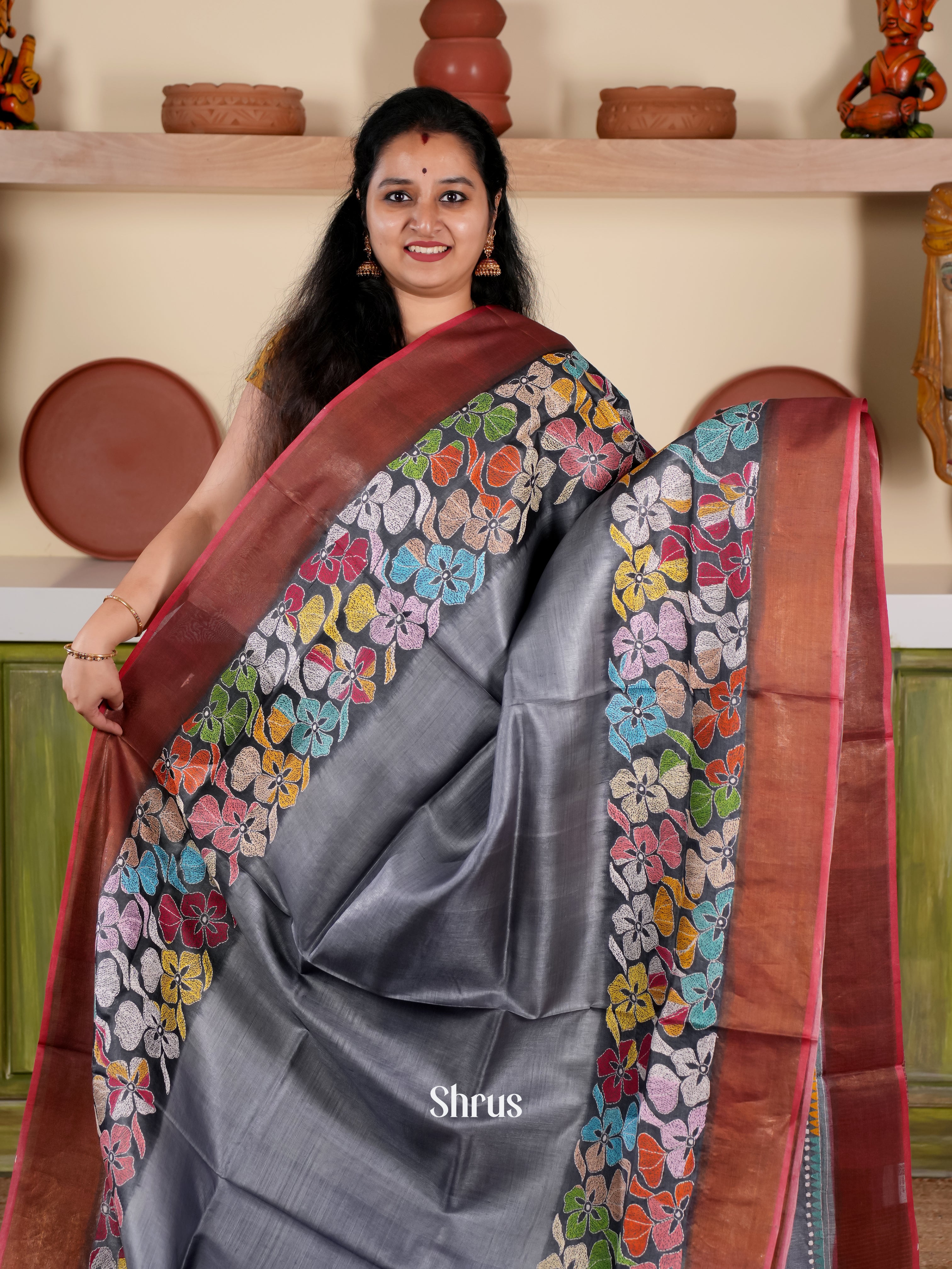Grey & Brown - Tussar Saree - Shop on Shrus.com