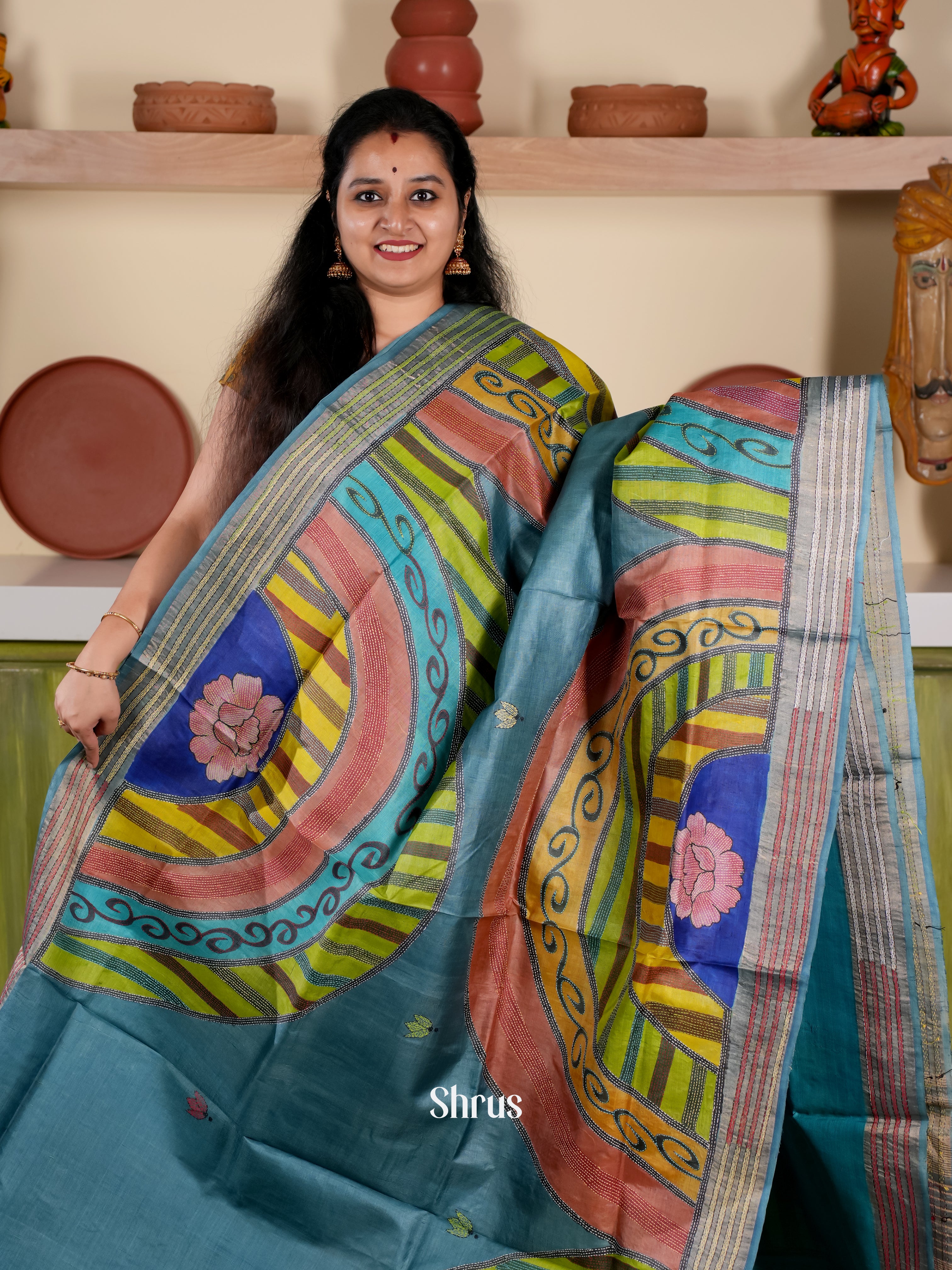 Blue - Tussar Silk Saree - Shop on Shrus.com