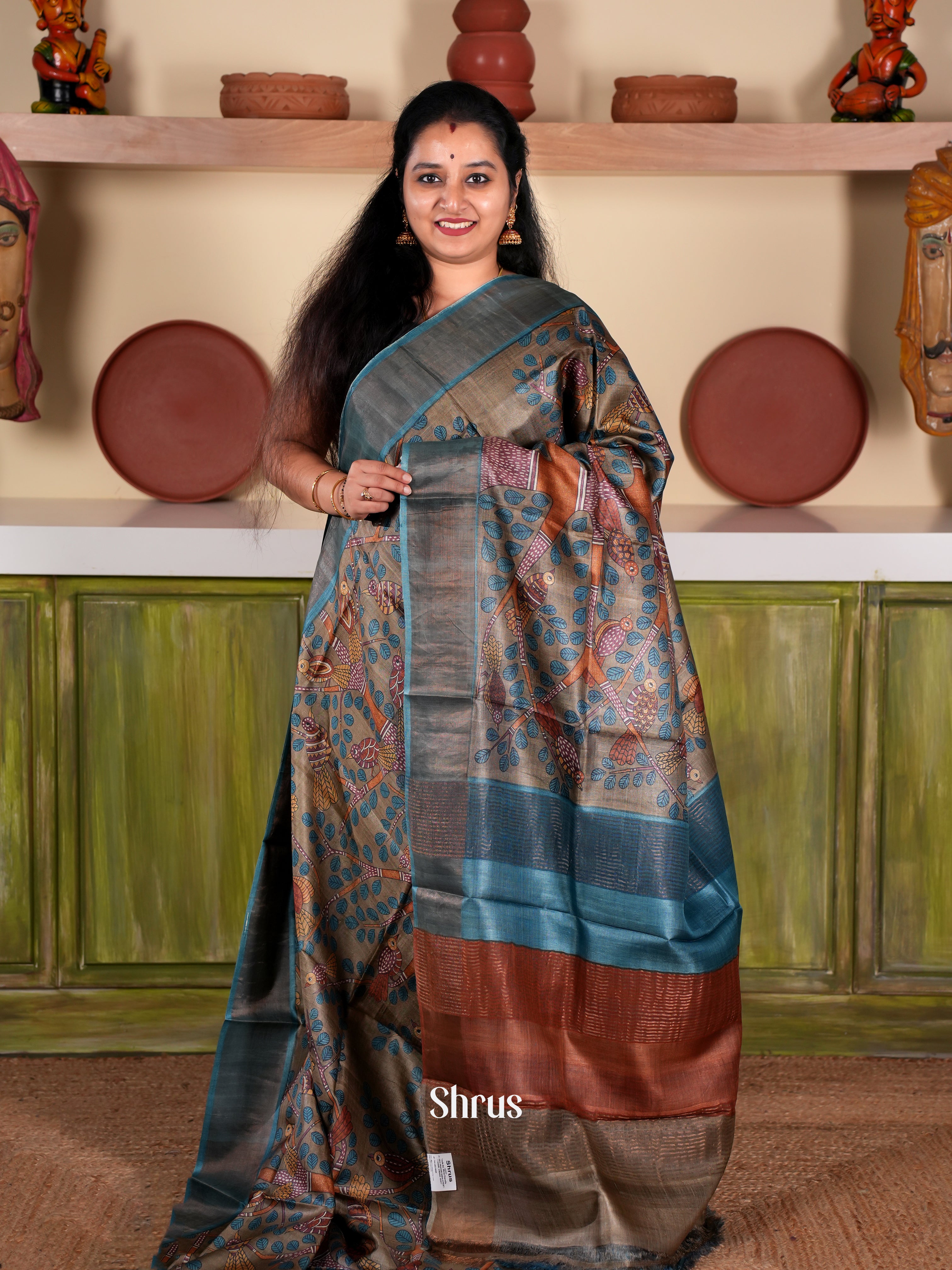 Brown & Blue- Tussar Saree - Shop on Shrus.com
