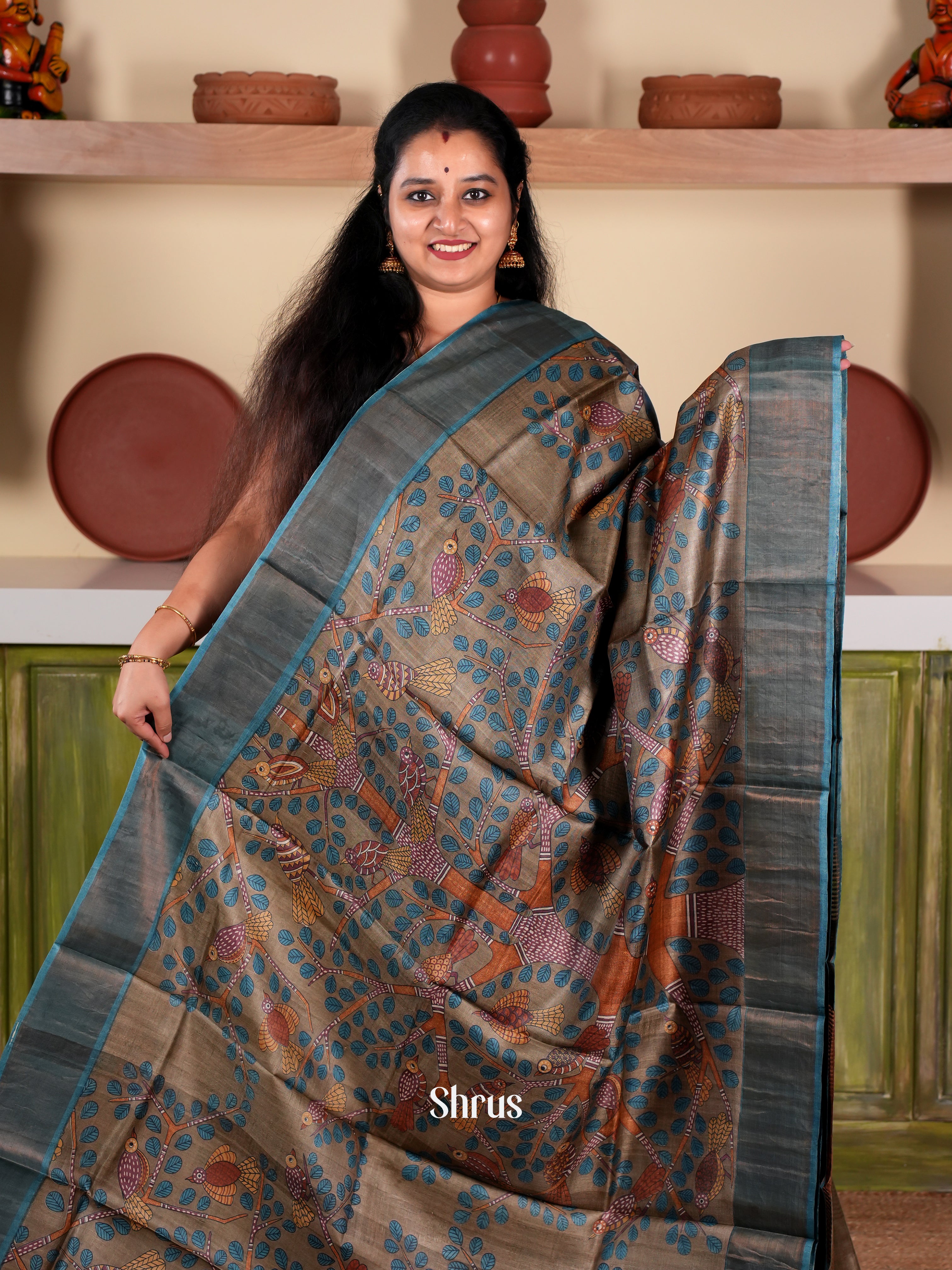 Brown & Blue- Tussar Saree - Shop on Shrus.com