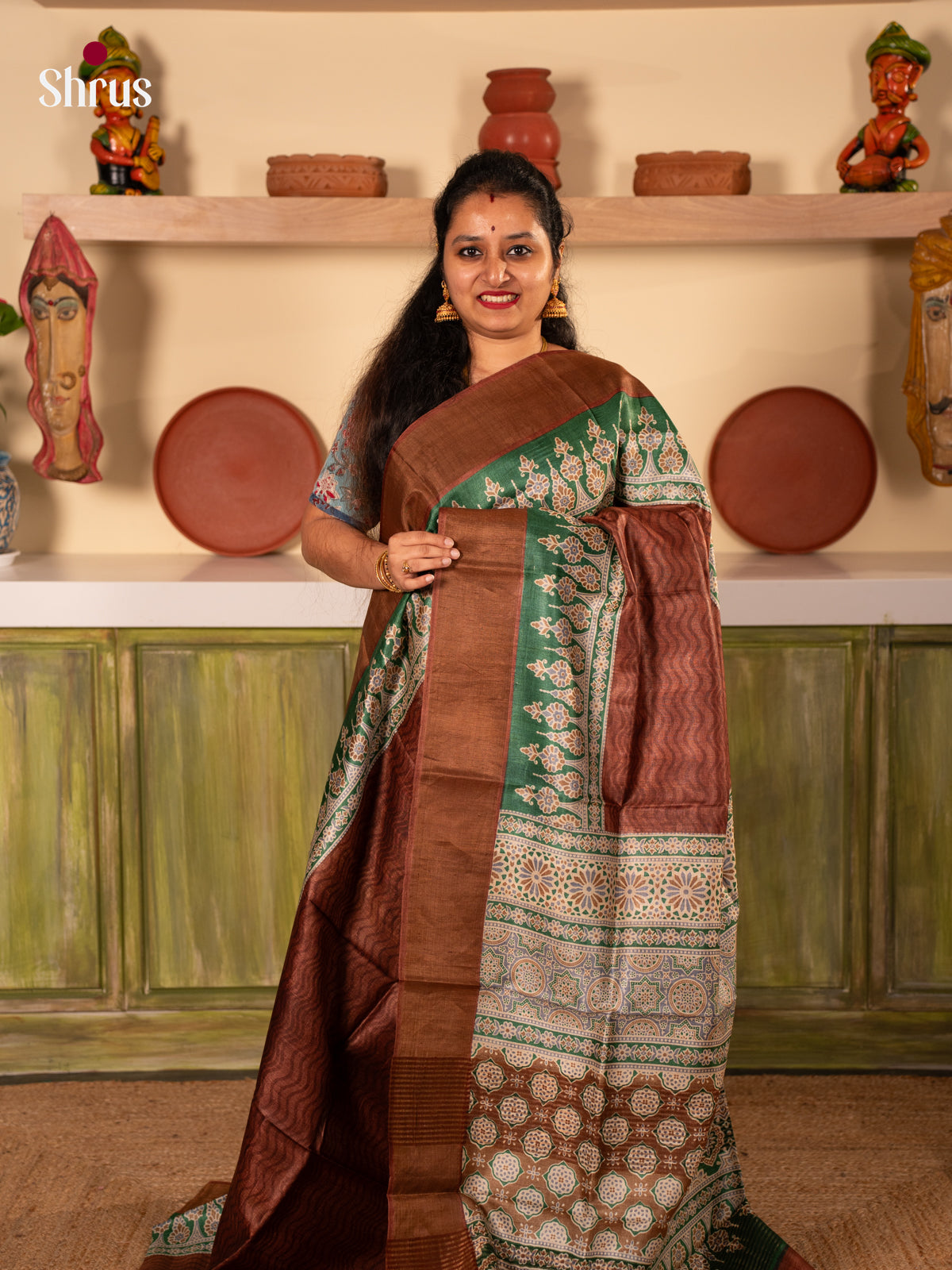 traditional Brown & Green - Tussar Saree