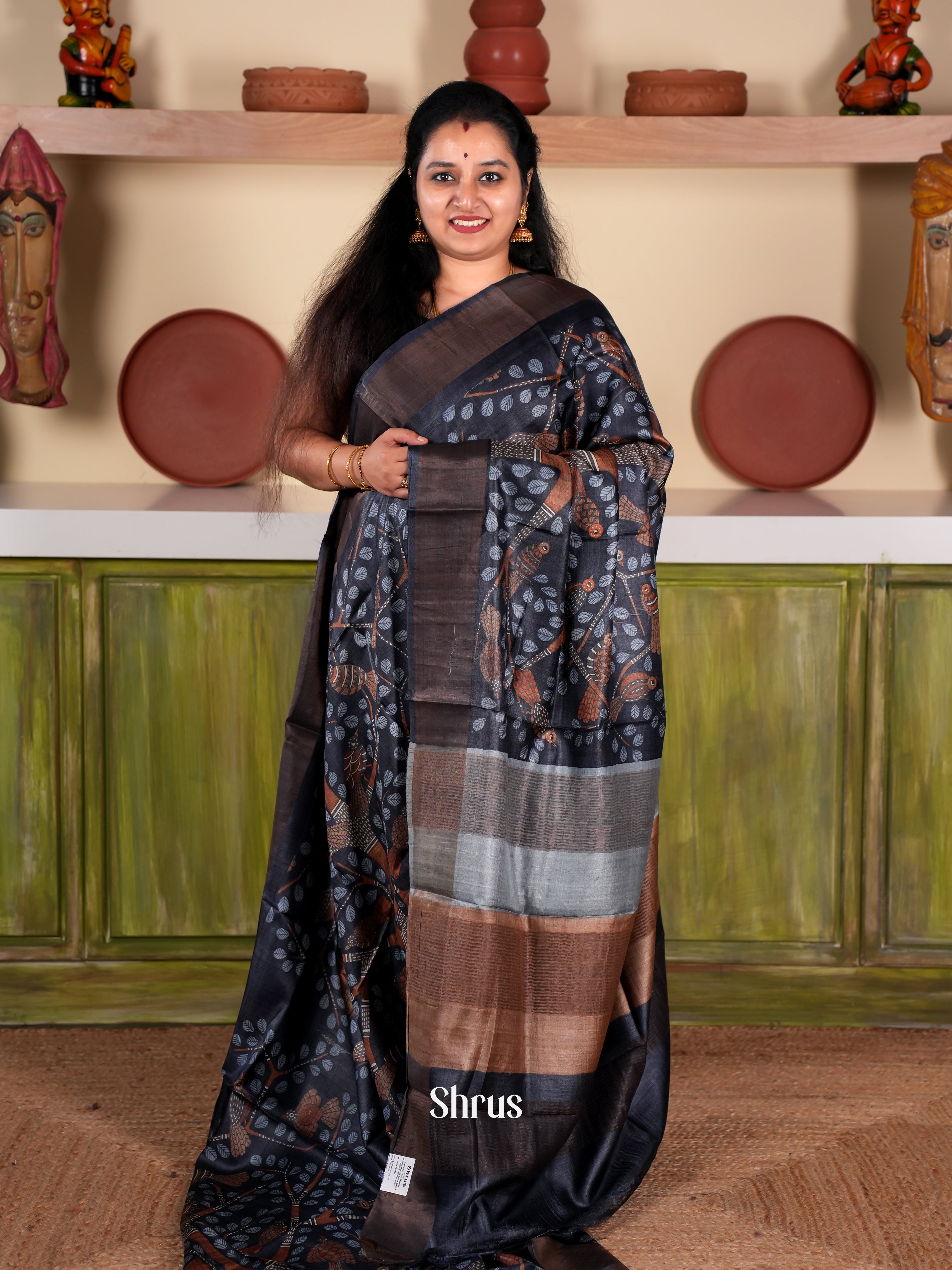Black - Tussar Saree - Shop on Shrus.com