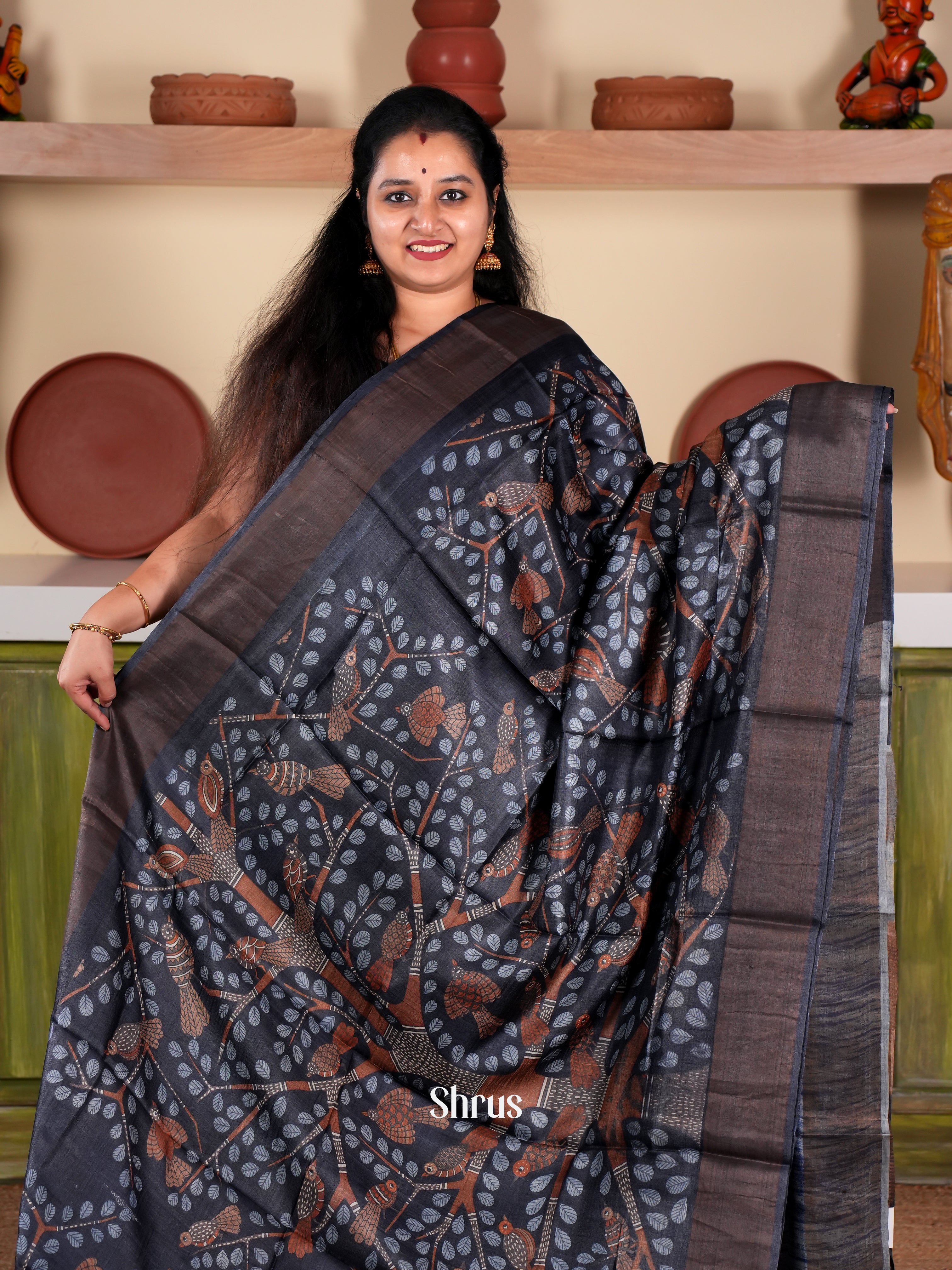 Black - Tussar Saree - Shop on Shrus.com