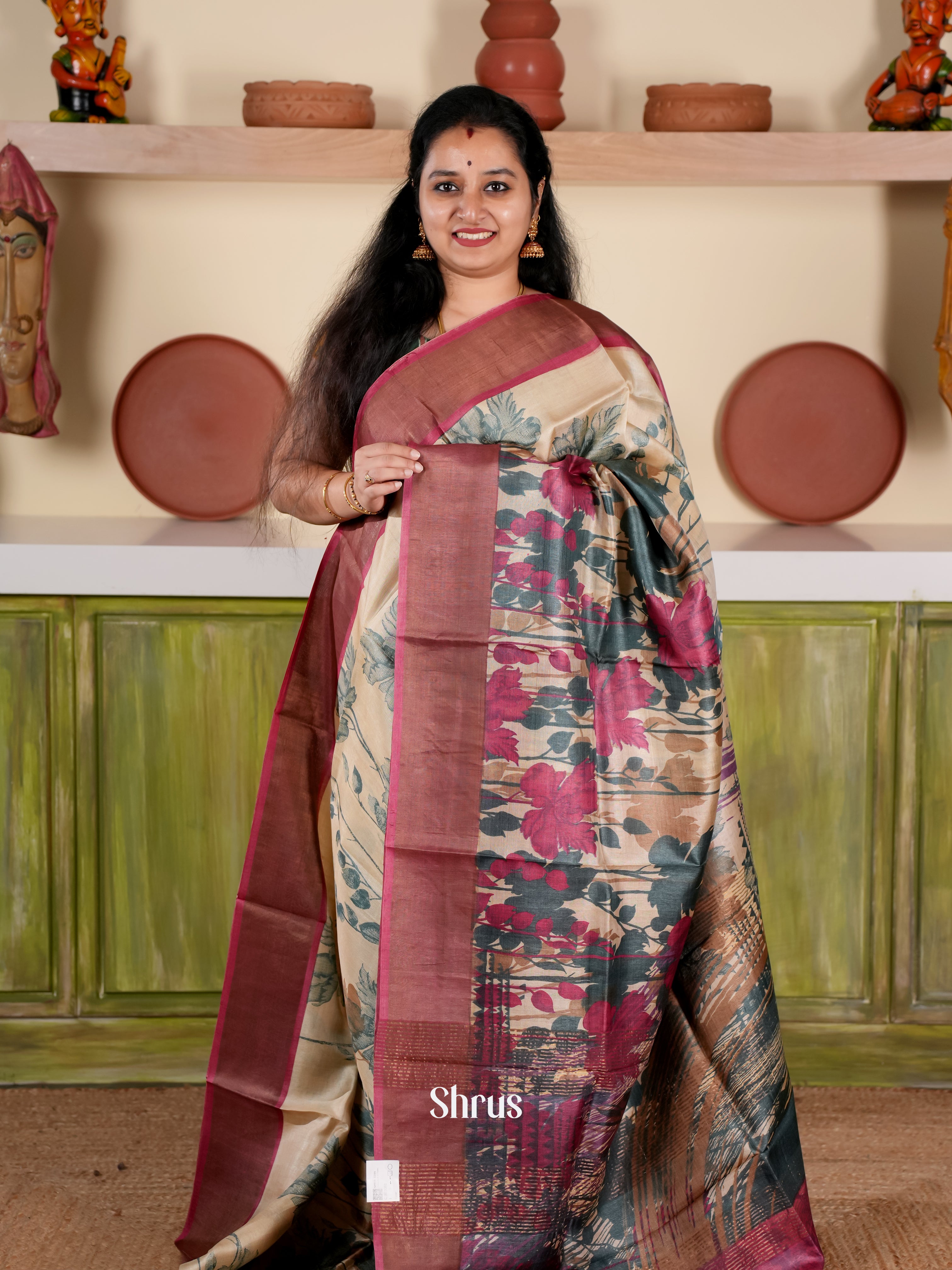 Cream & Pink- Tussar Saree - Shop on Shrus.com