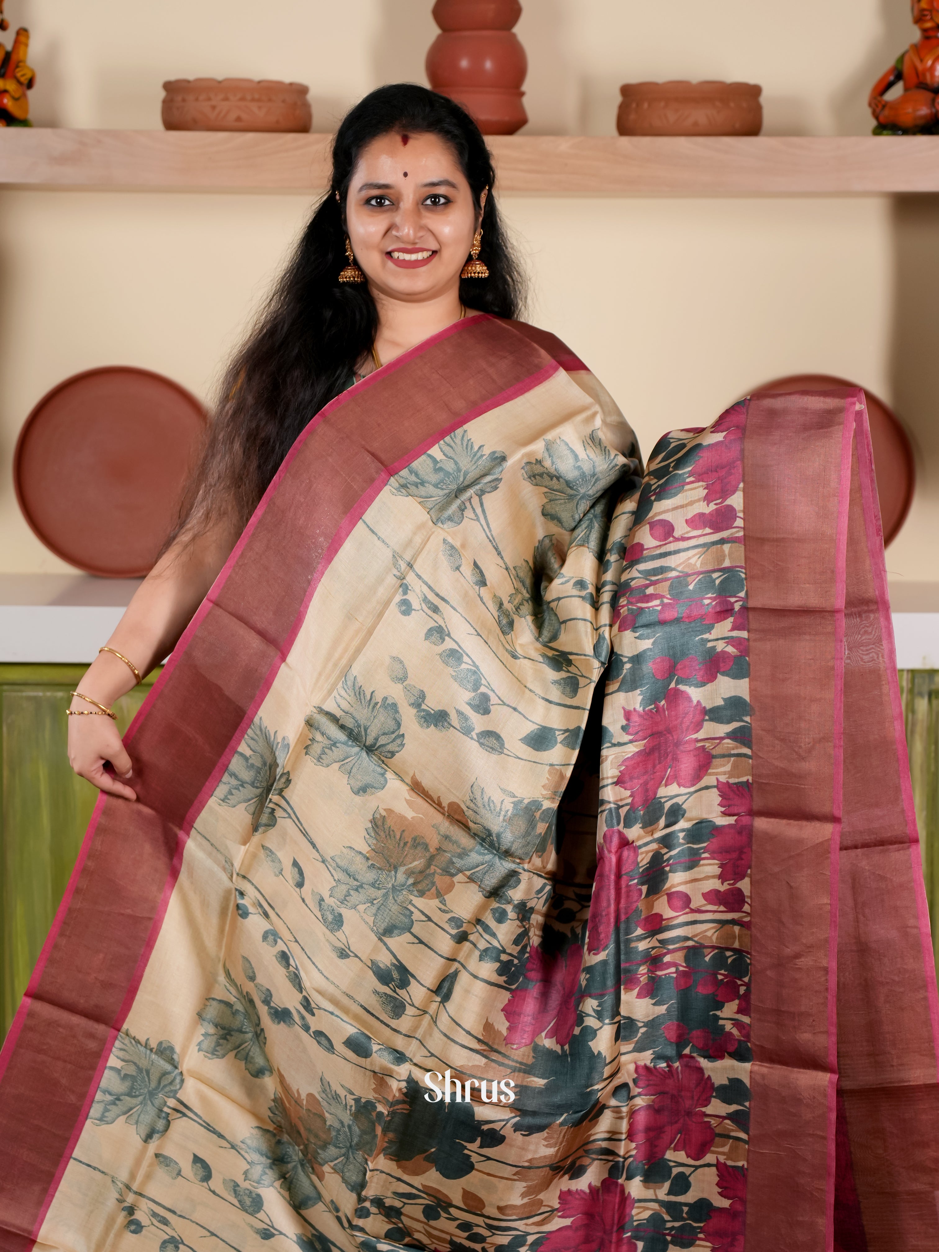 Cream & Pink- Tussar Saree - Shop on Shrus.com