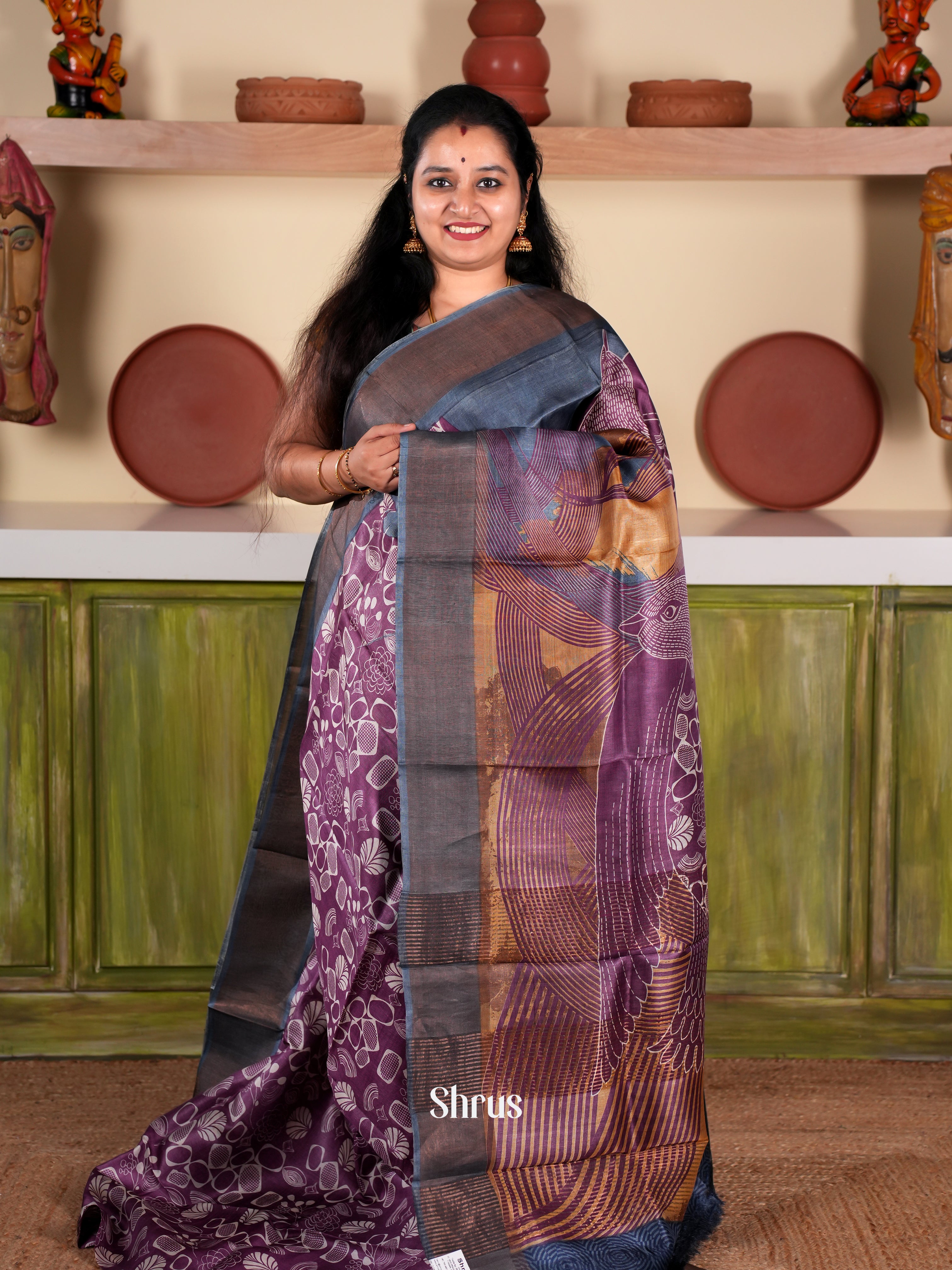 Purple & blue - Tussar Saree - Shop on Shrus.com