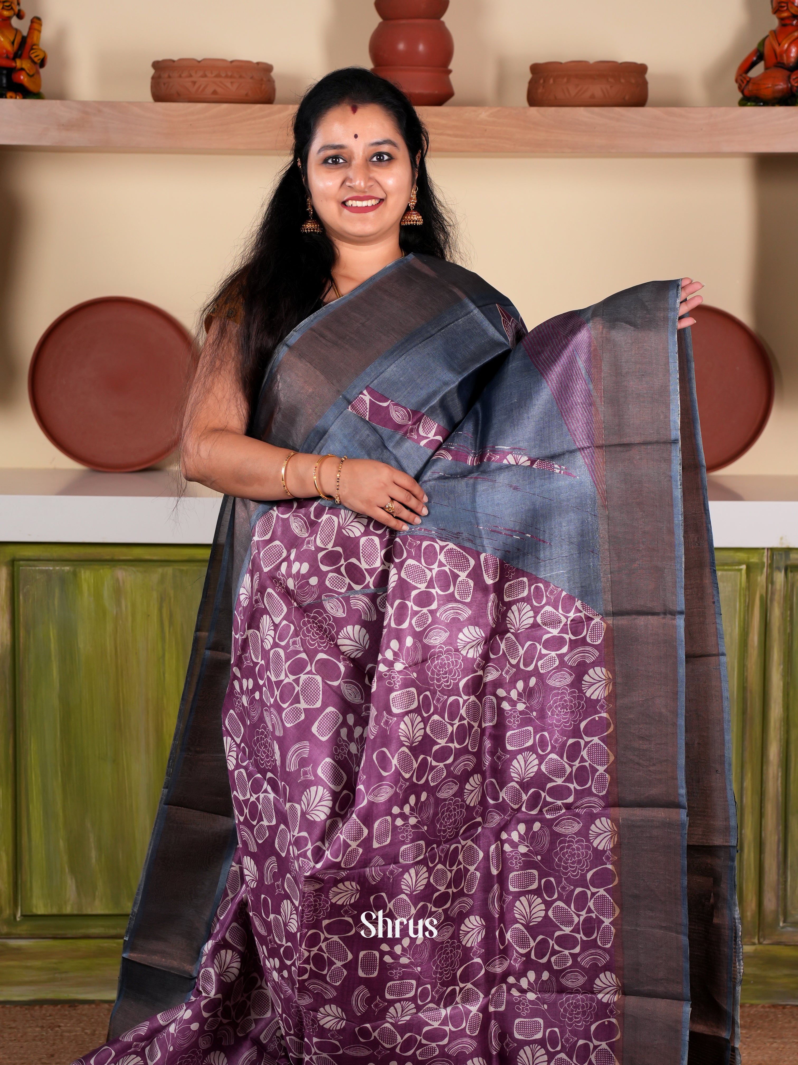 Purple & blue - Tussar Saree - Shop on Shrus.com