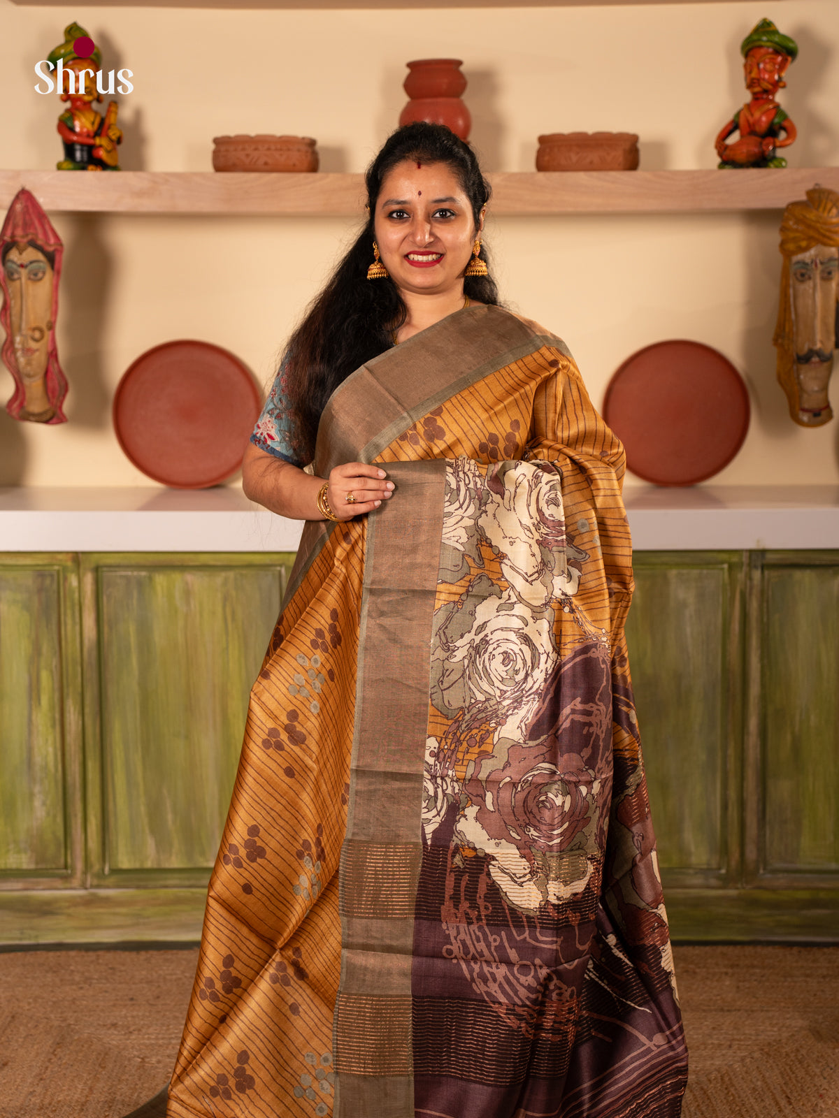 mustard & Grey - Tussar Saree - Shop on Shrus.com