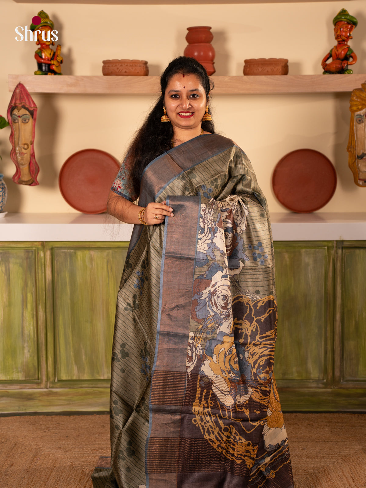 Algae Green & Grey - Tussar Saree - Shop on Shrus.com