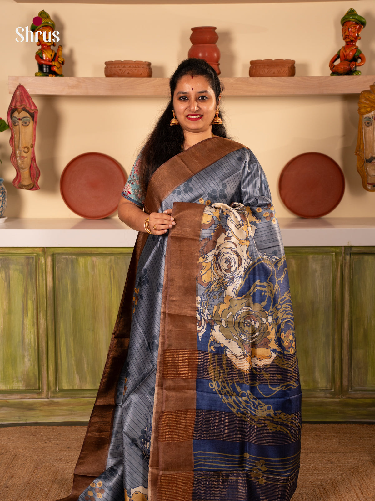 Grey & Blue - Tussar Saree - Shop on Shrus.com