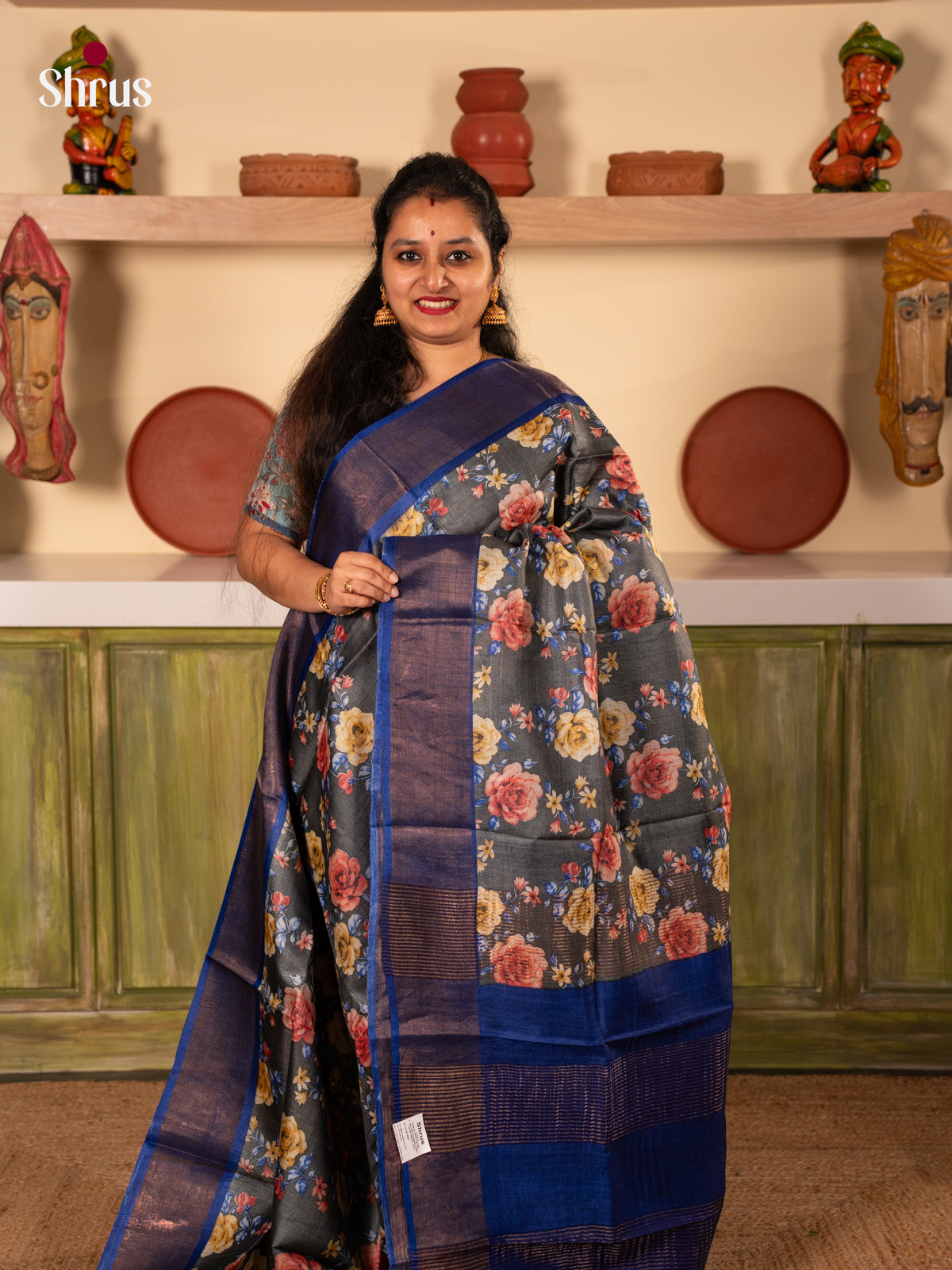 Grey & Blue- Tussar Saree - Shop on Shrus.com