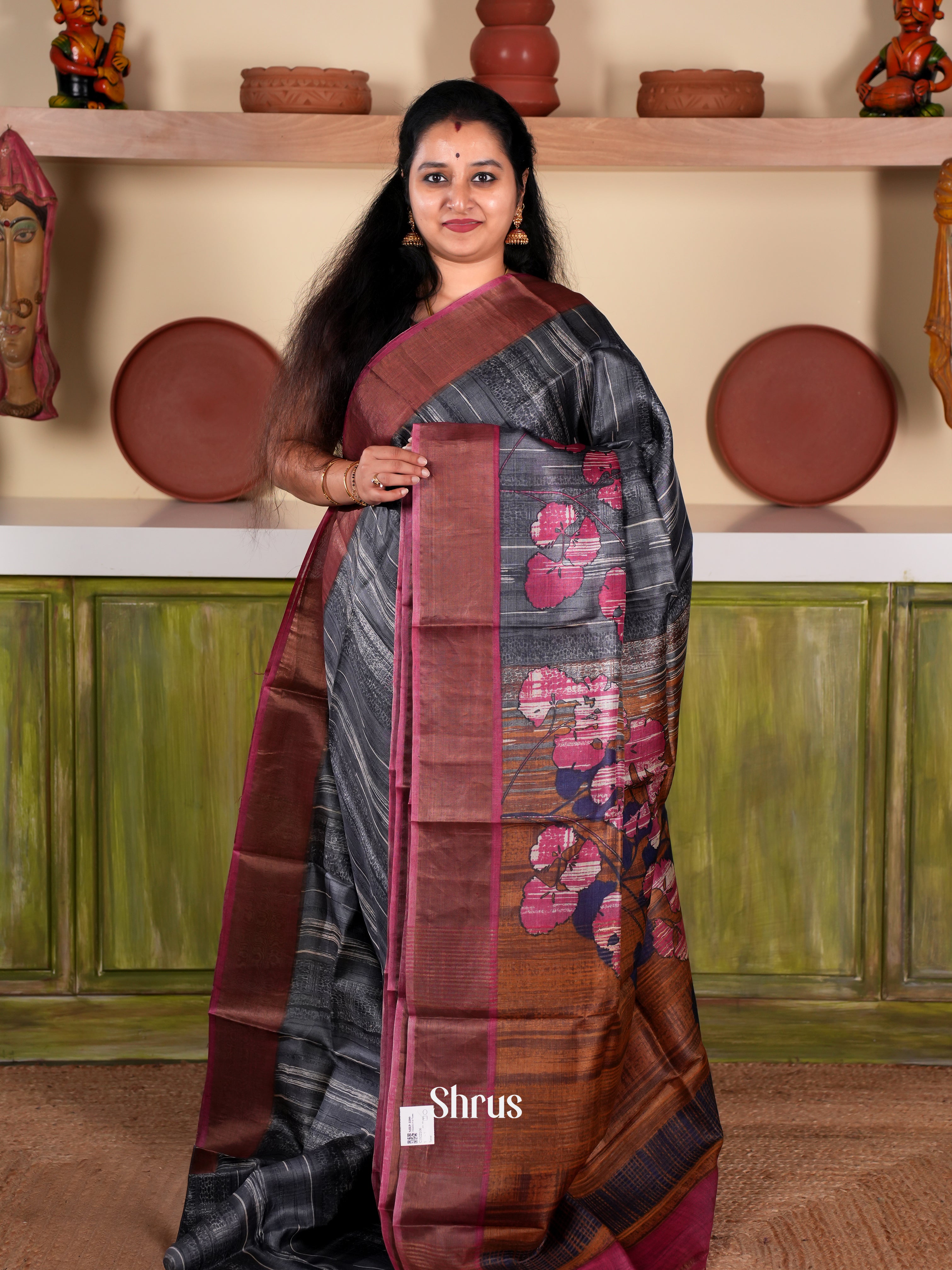 Black & Maroon - Tussar Saree - Shop on Shrus.com