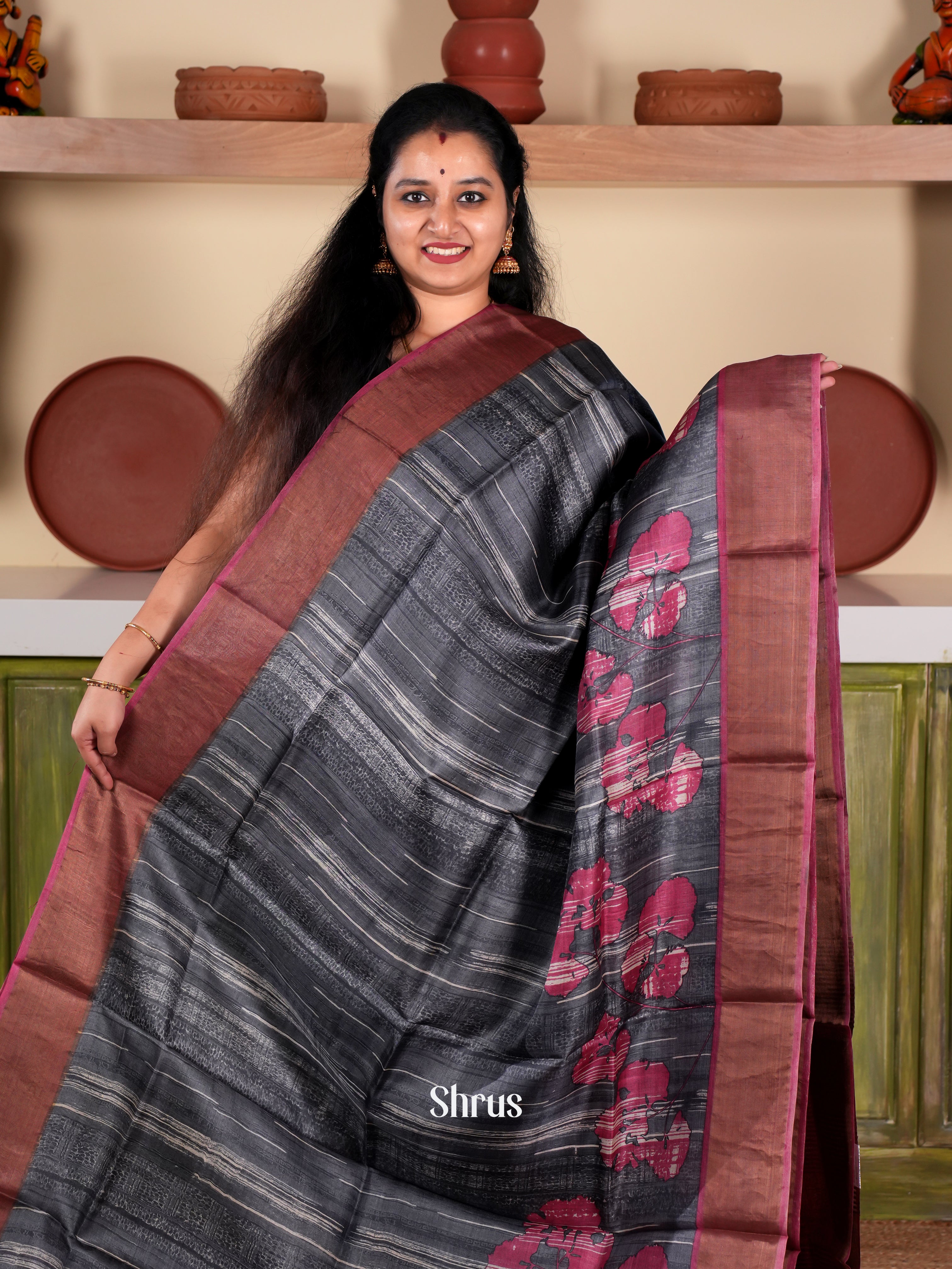 Black & Maroon - Tussar Saree - Shop on Shrus.com