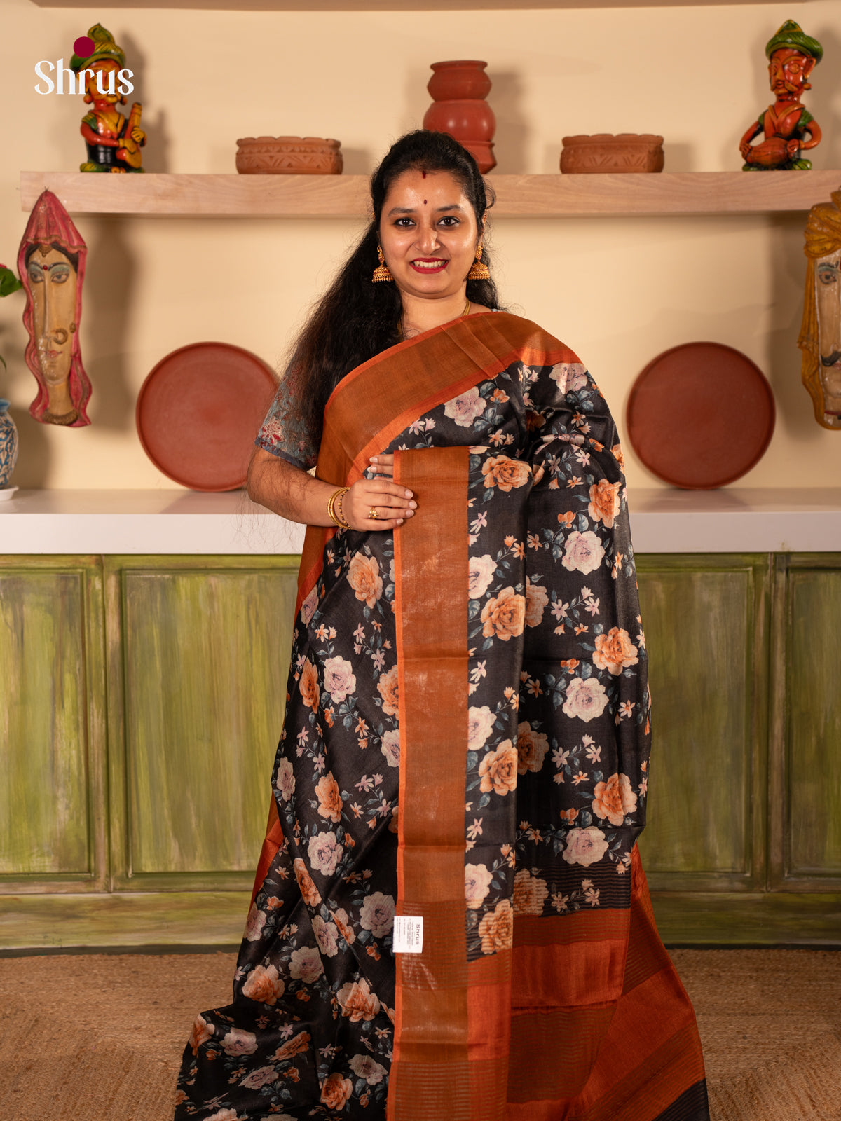 Black & Rust- Tussar Saree - Shop on Shrus.com