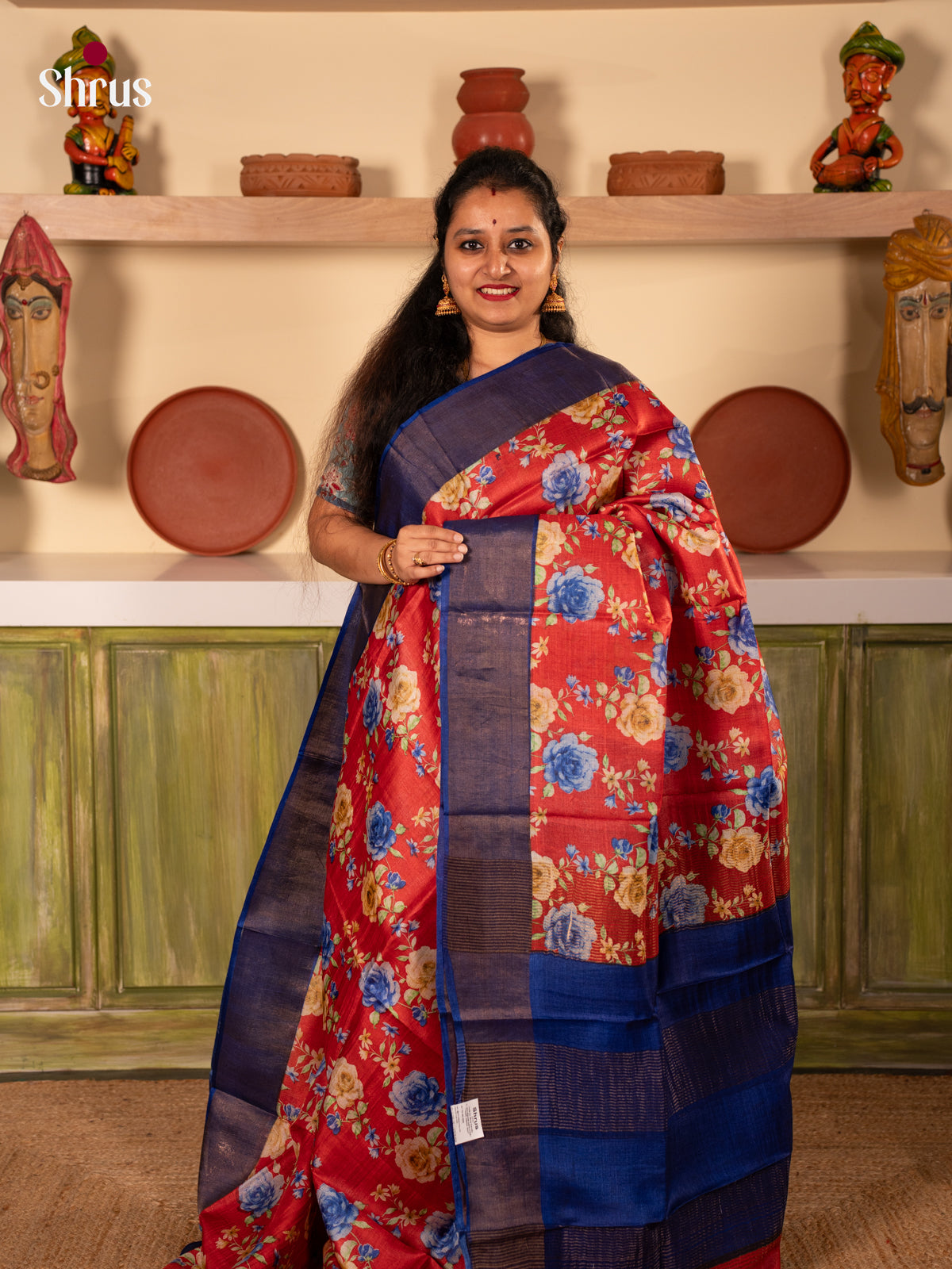 Red & Blue - Tussar Saree - Shop on Shrus.com