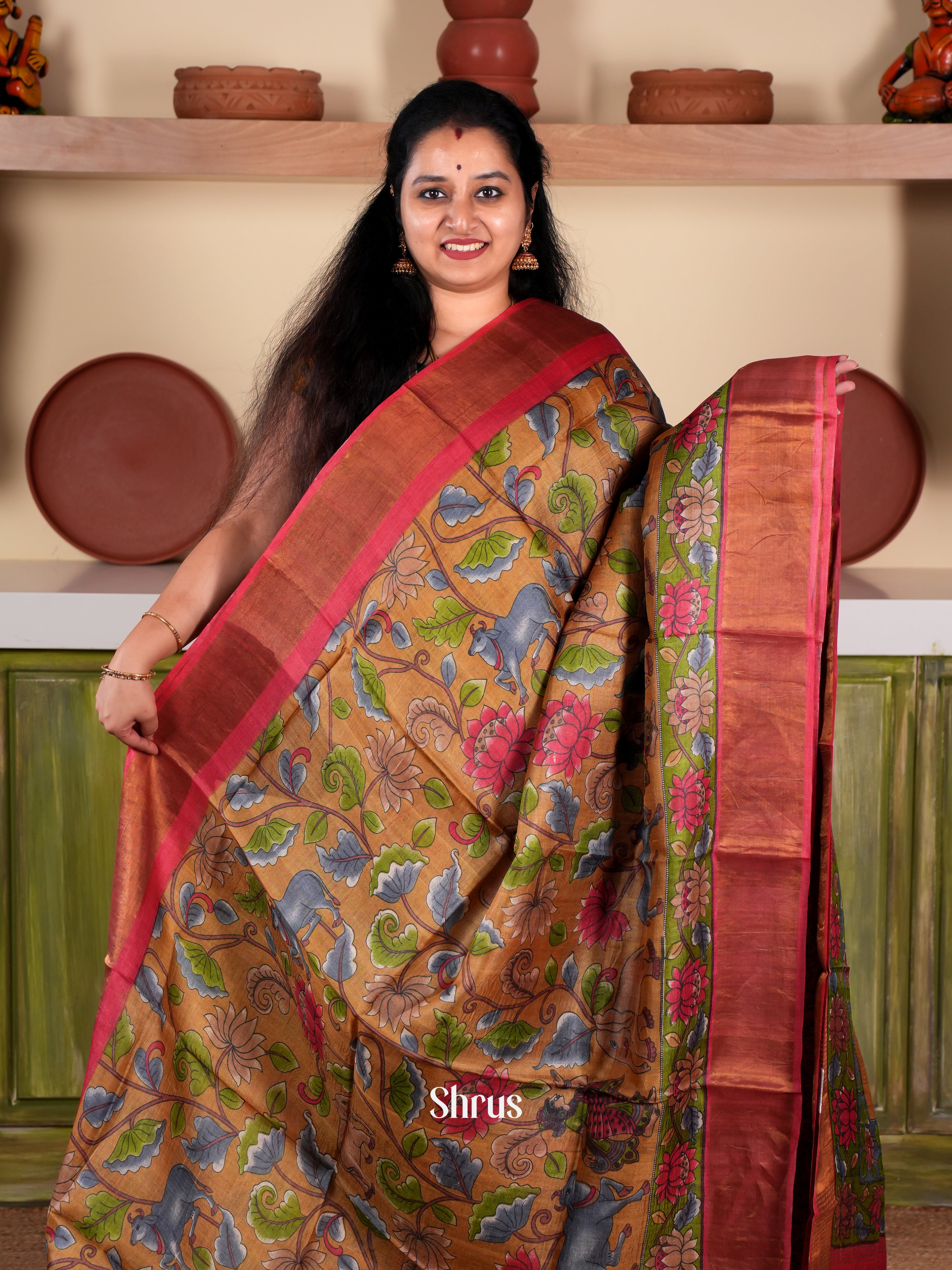 Brown & Maroon - Tussar Saree - Shop on Shrus.com