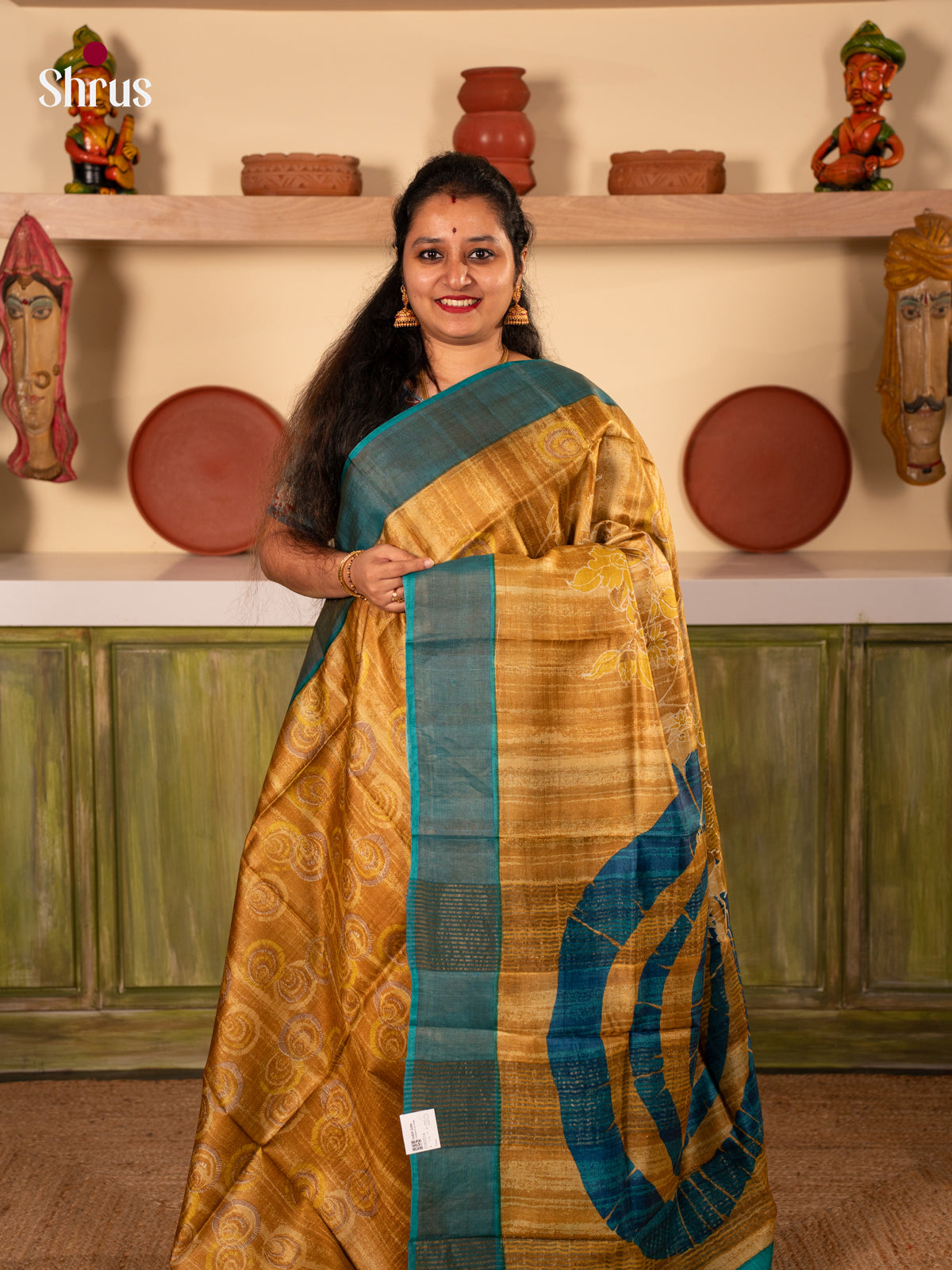 Mustard & Blue - Tussar Silk Saree - Shop on Shrus.com
