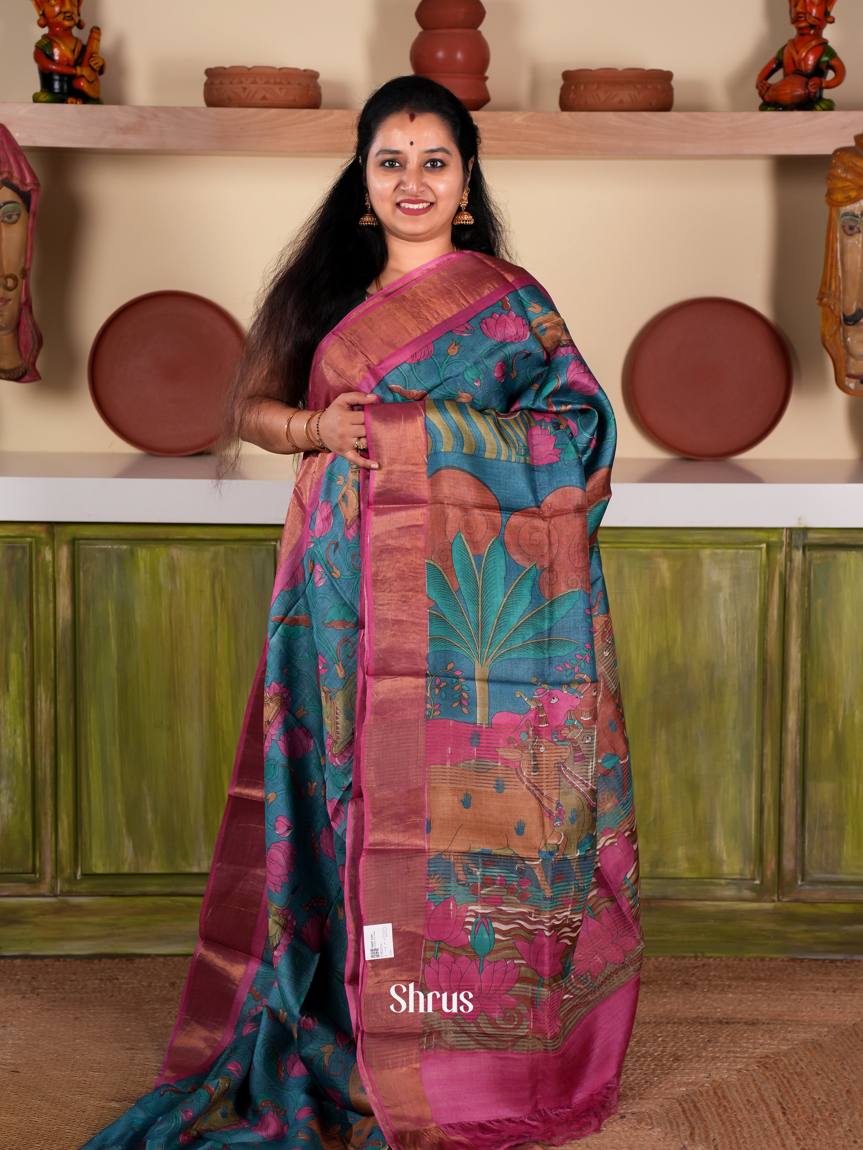 Blue & Pink - Tussar Saree - Shop on Shrus.com