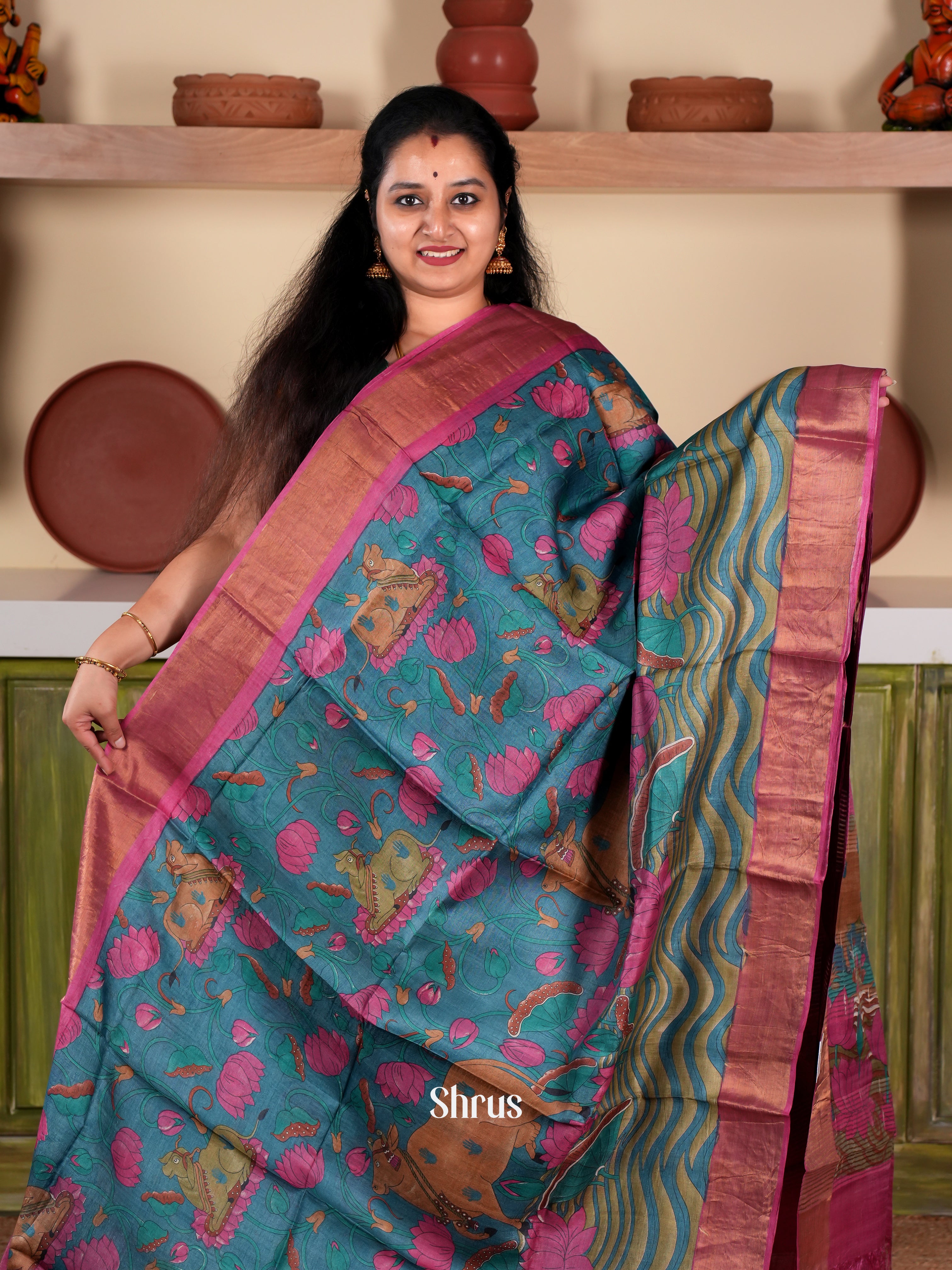 Blue & Pink - Tussar Saree - Shop on Shrus.com