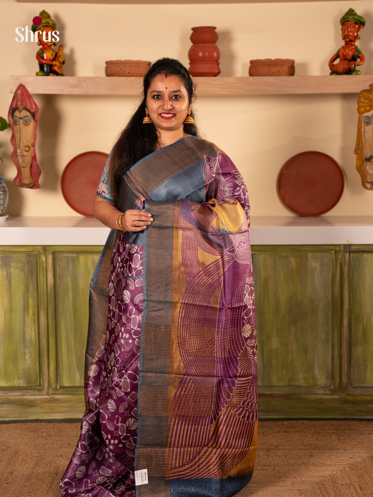 Purple & Grey - Tussar Saree - Shop on Shrus.com