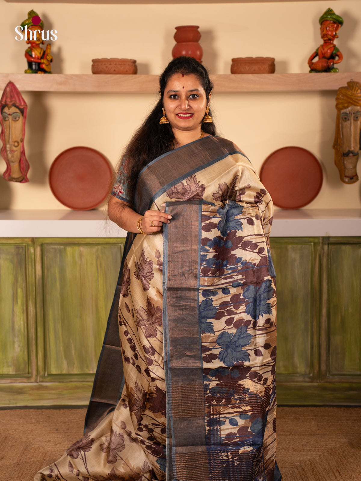 Beige & Grey - Tussar Saree - Shop on Shrus.com