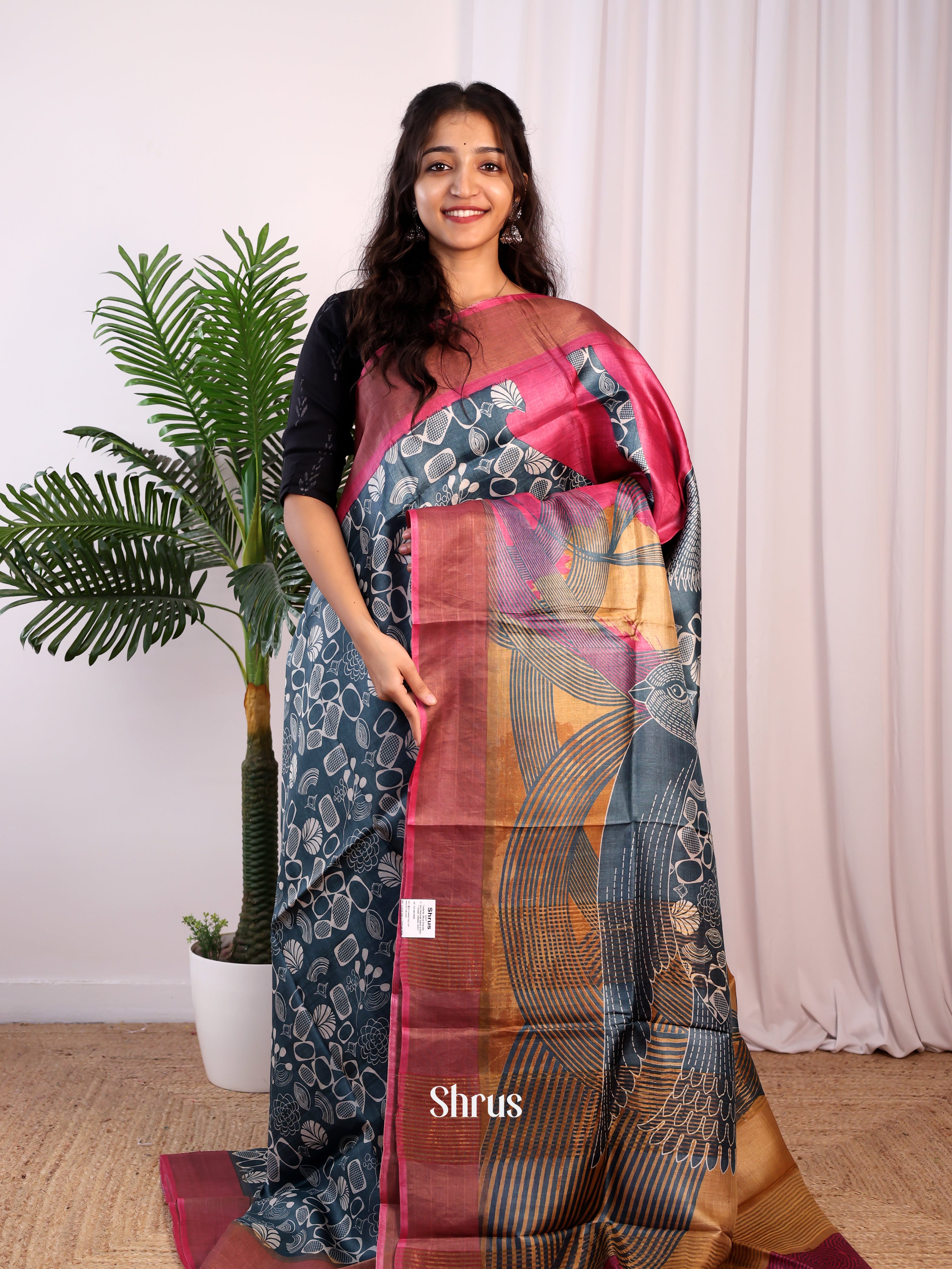 Blue & Pink- Tussar Saree - Shop on Shrus.com