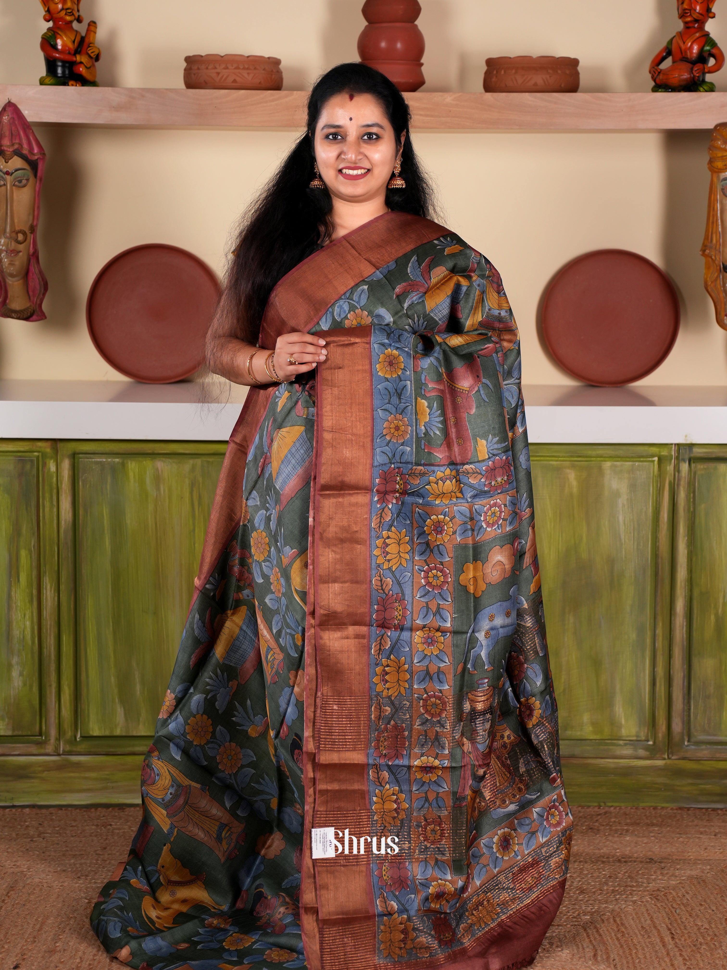 Green & Brown - Tussar Saree - Shop on Shrus.com