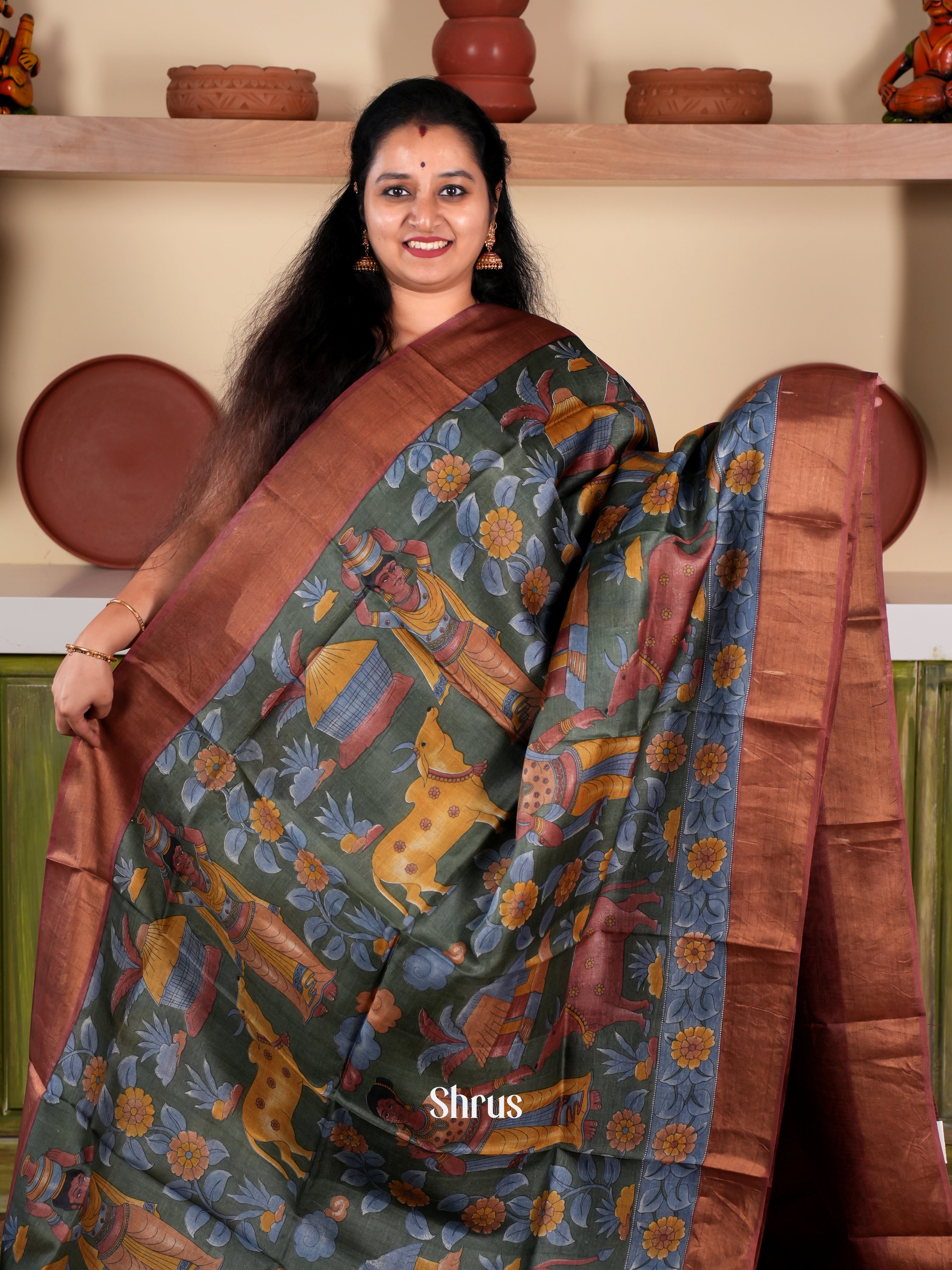 Green & Brown - Tussar Saree - Shop on Shrus.com