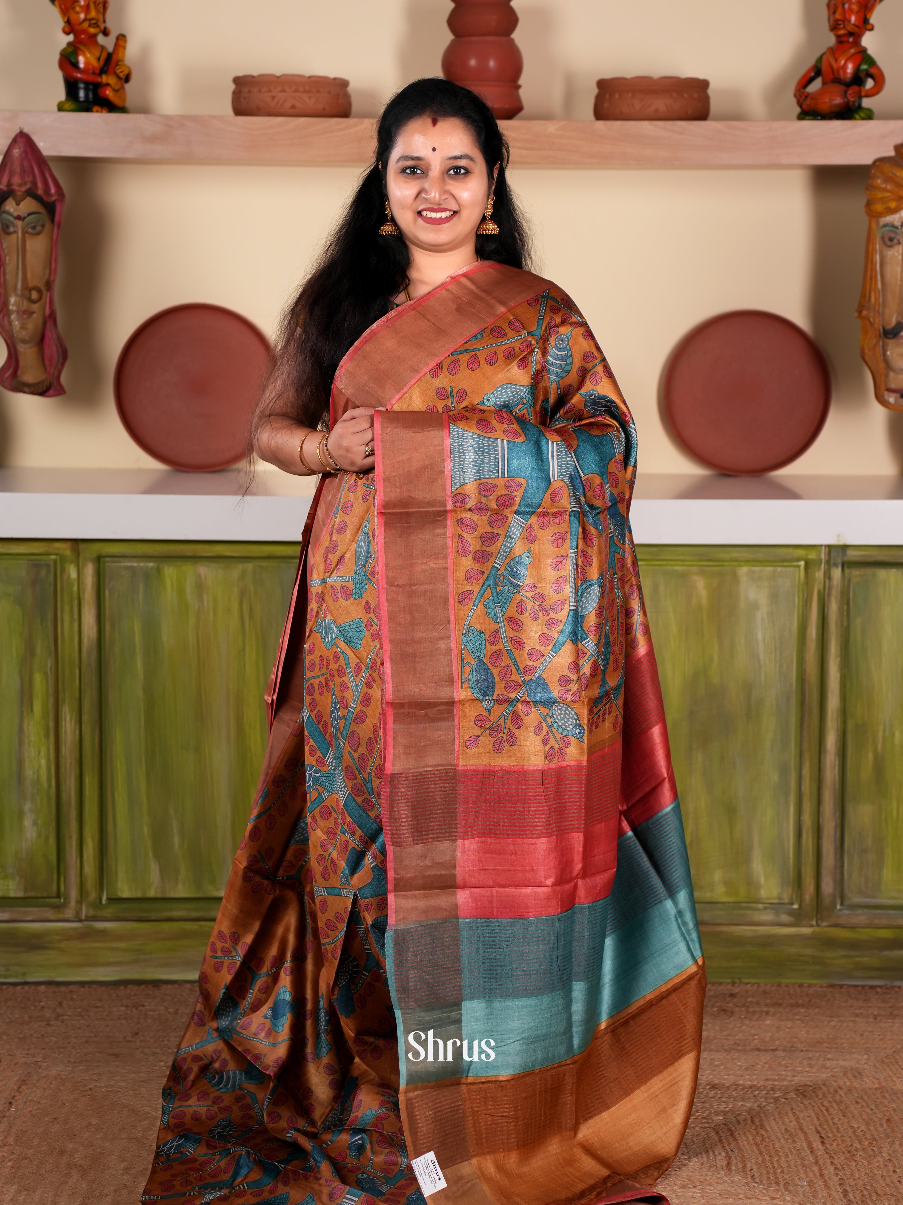 Brown & Blue- Tussar Saree - Shop on Shrus.com