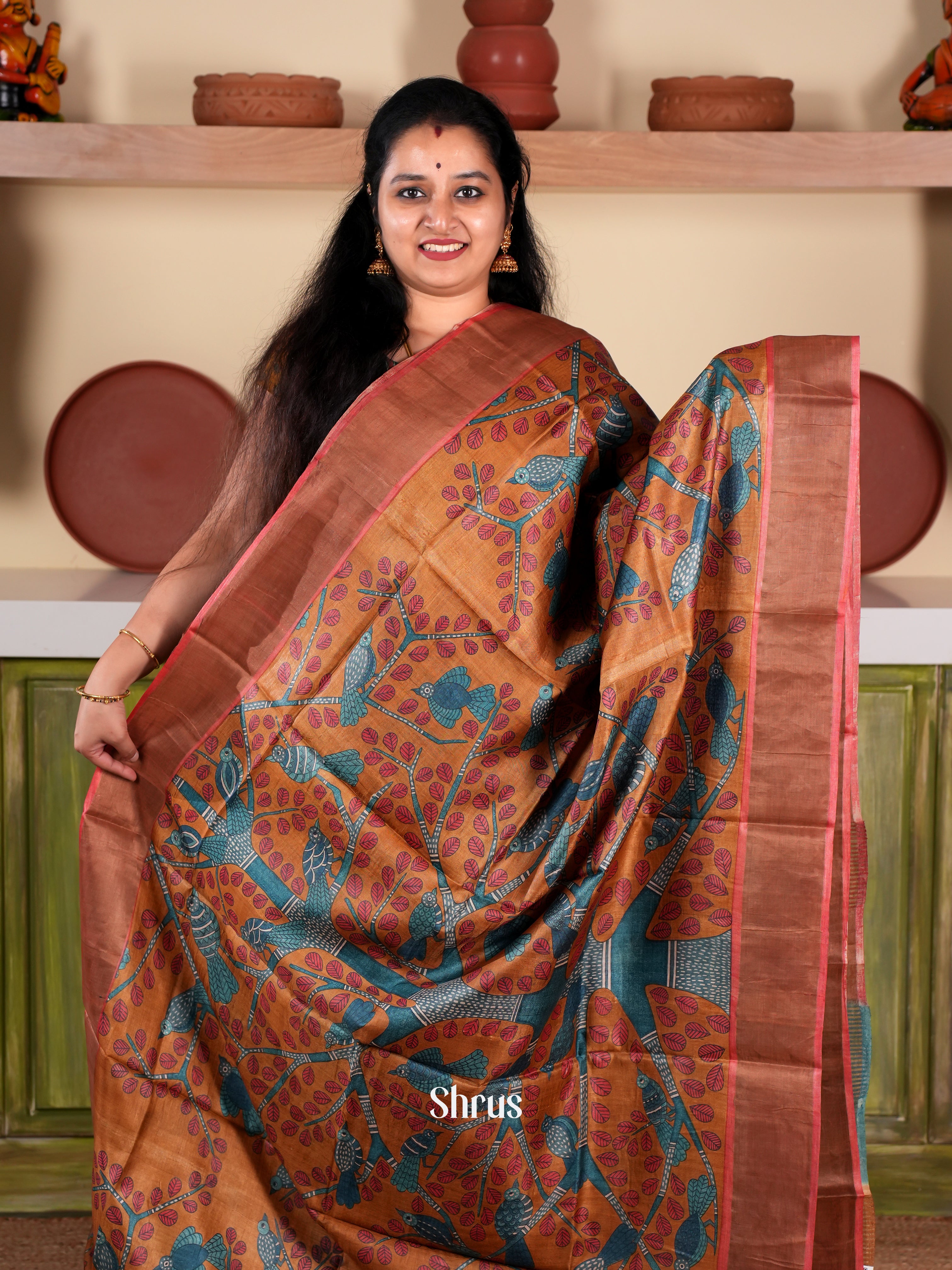 Brown & Blue- Tussar Saree - Shop on Shrus.com