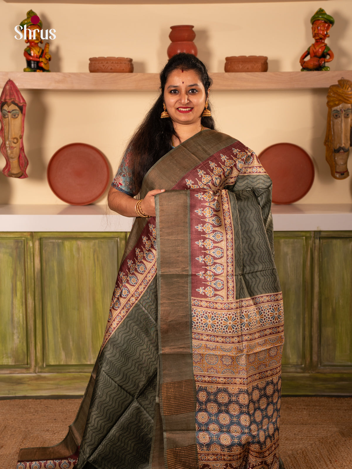 Green & Brown - Tussar Saree - Shop on Shrus.com