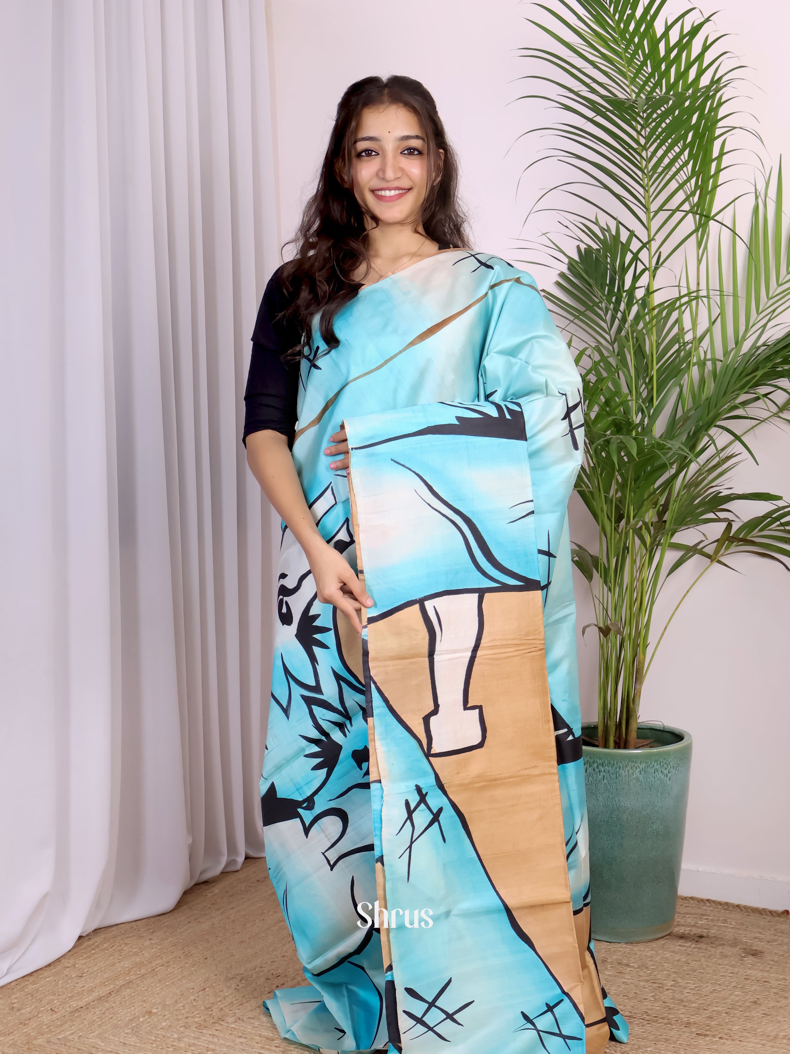 Lite Blue & Brown - Murshidabad Silk Saree - Shop on Shrus.com