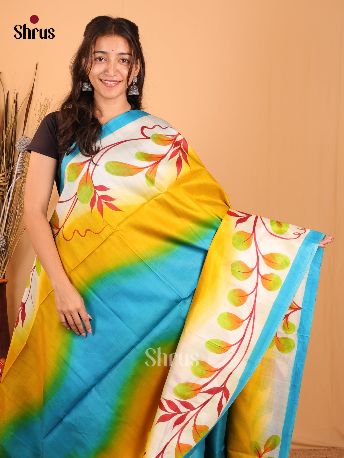 Blue & Yellow - Murshidabad Tussar Silk Saree - Shop on Shrus.com