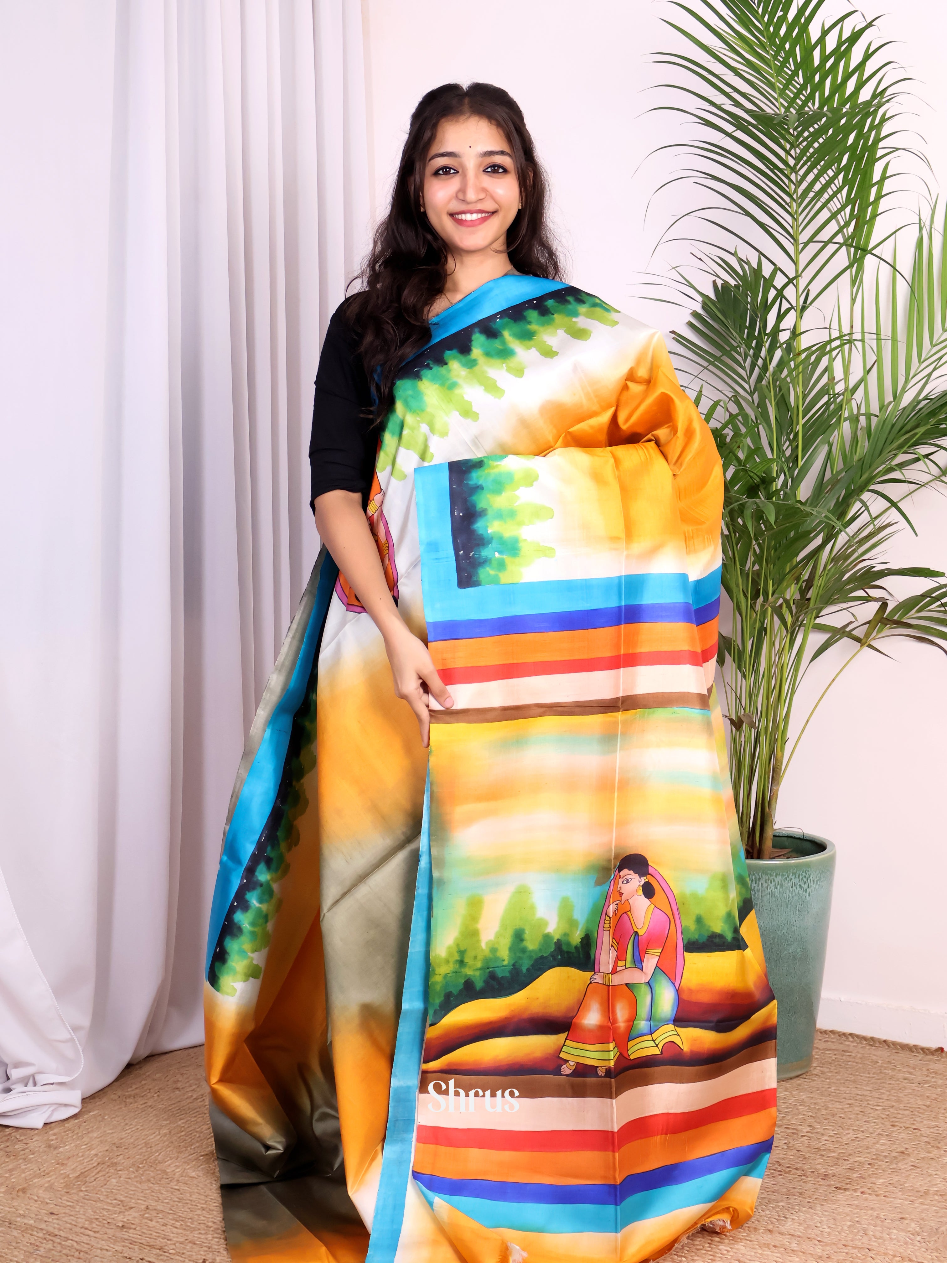 Mustard & Cream - Murshidabad Silk Saree - Shop on Shrus.com