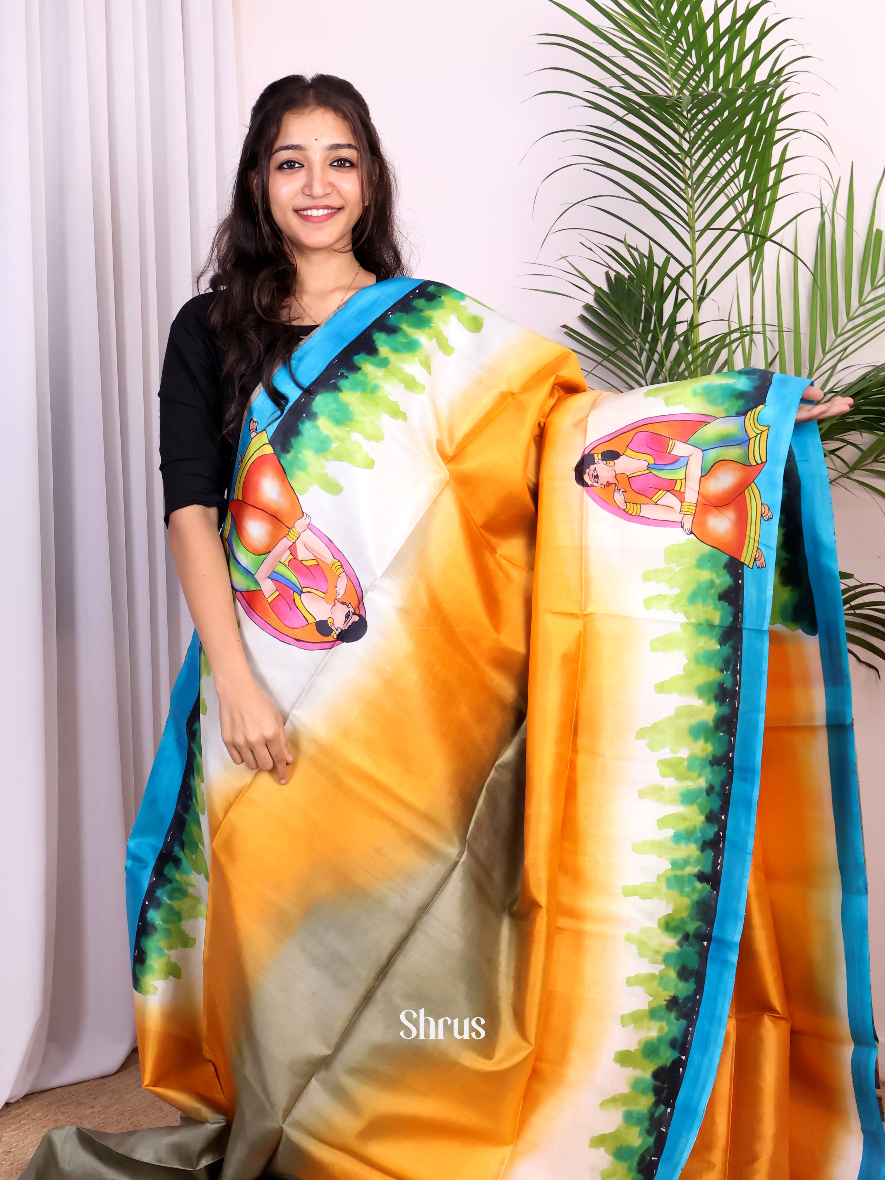 Mustard & Cream - Murshidabad Silk Saree - Shop on Shrus.com