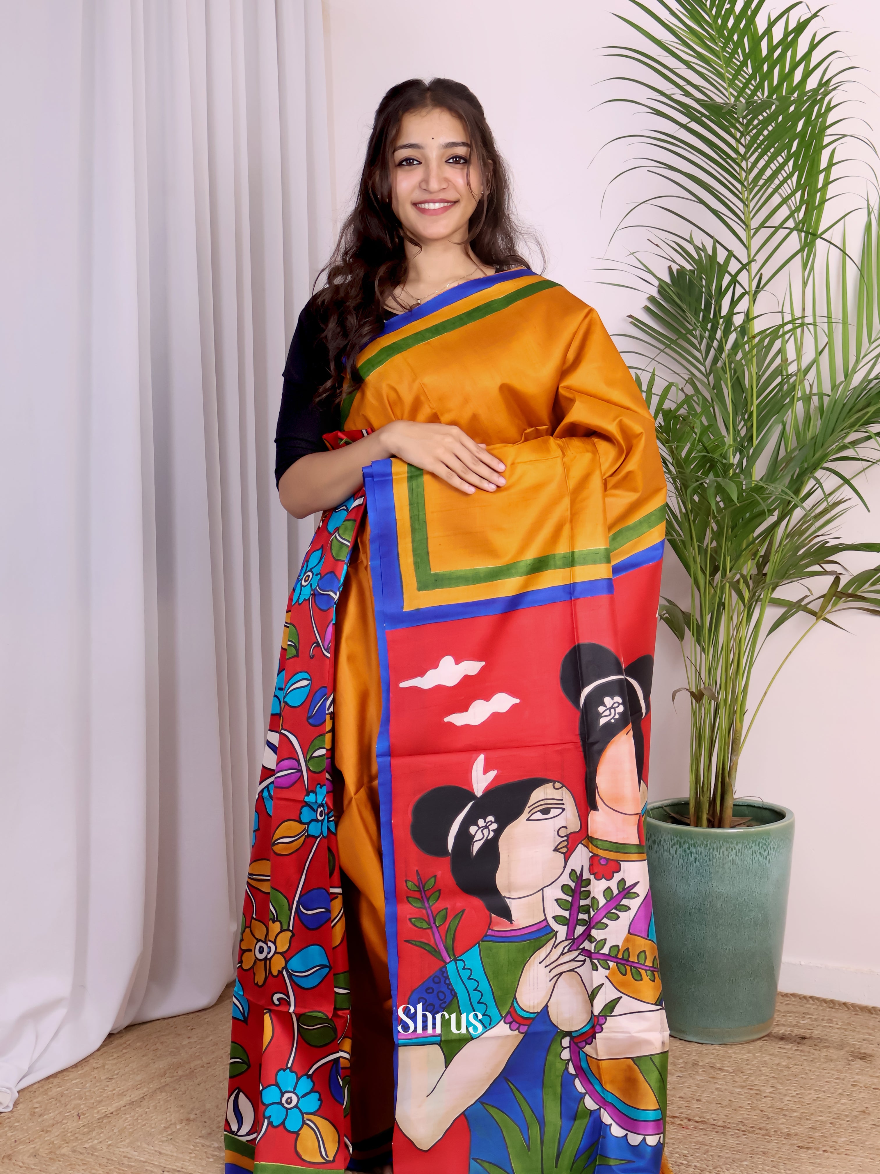 mustard & Red - Murshidabad Silk Saree - Shop on Shrus.com