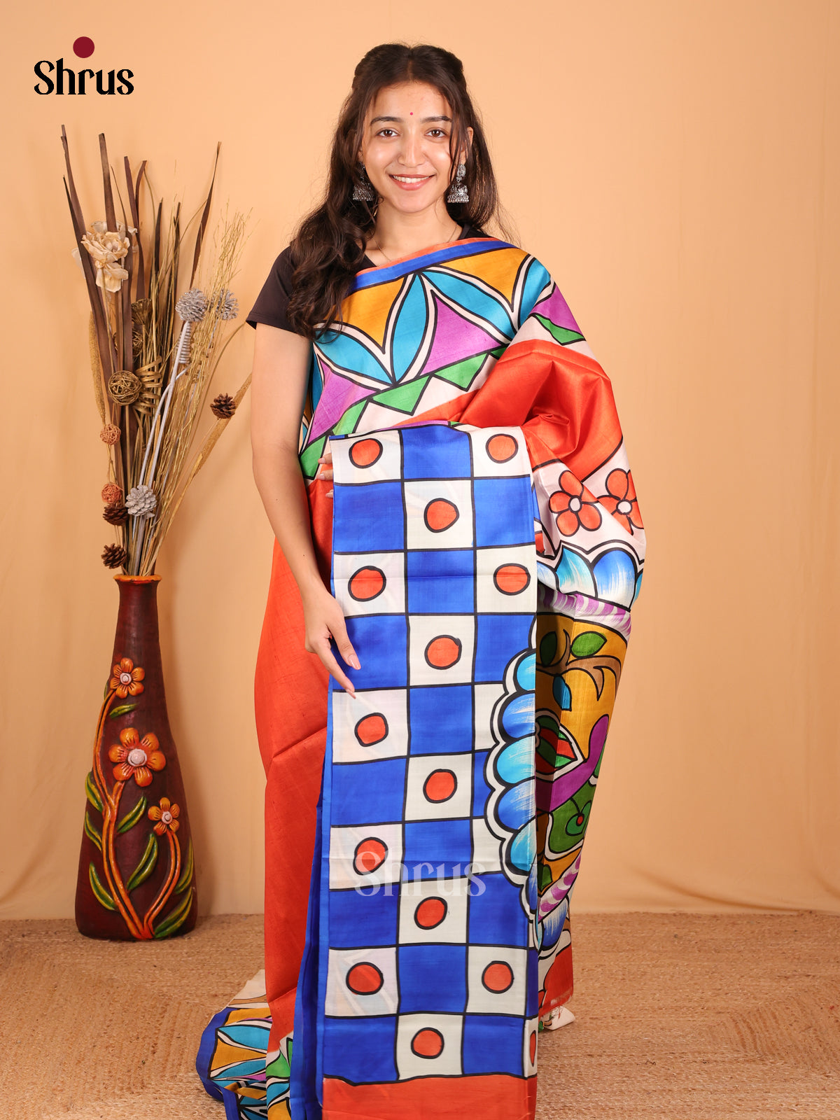 Orange & Blue - Murshidabad Silk Saree - Shop on Shrus.com