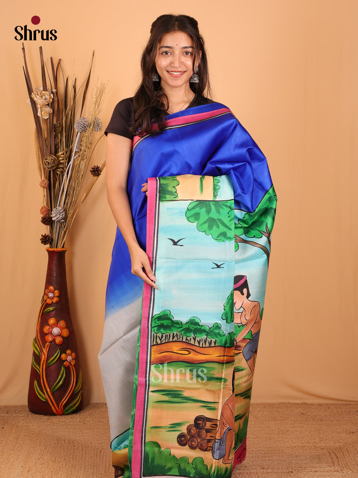 Blue & Purple- Murshidabad Silk Saree - Shop on Shrus.com