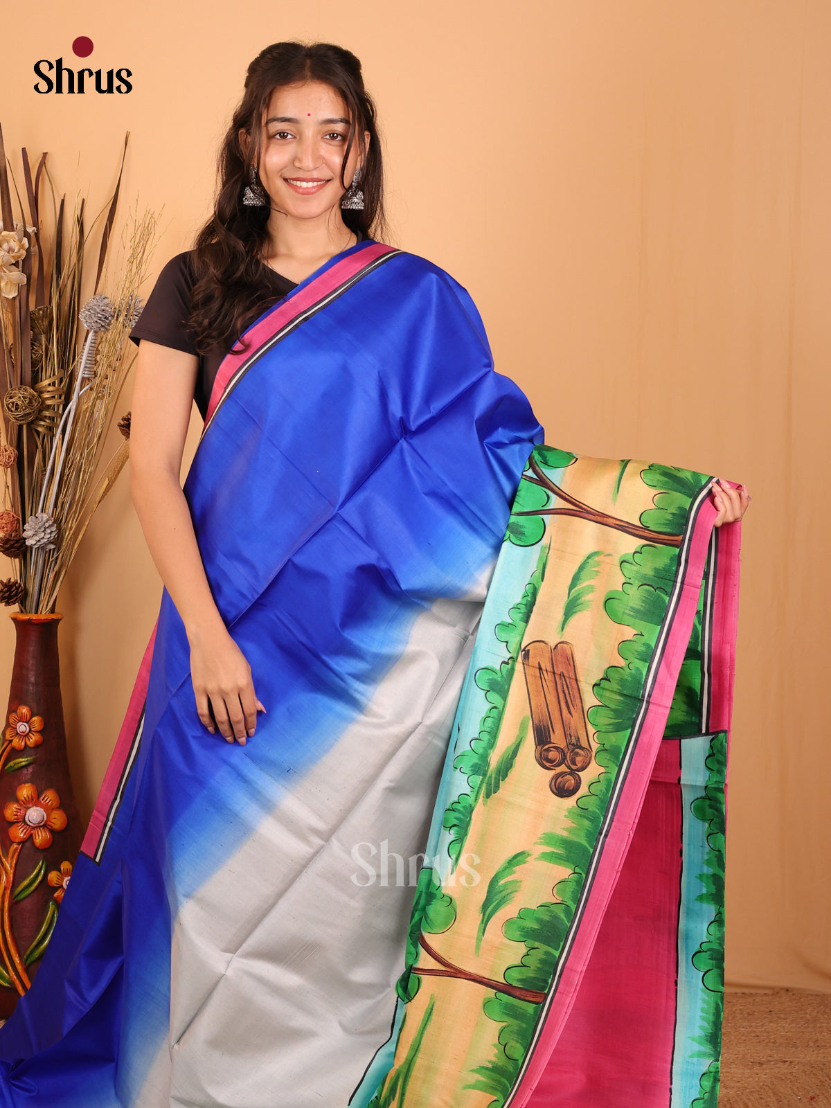 Blue & Purple- Murshidabad Silk Saree - Shop on Shrus.com