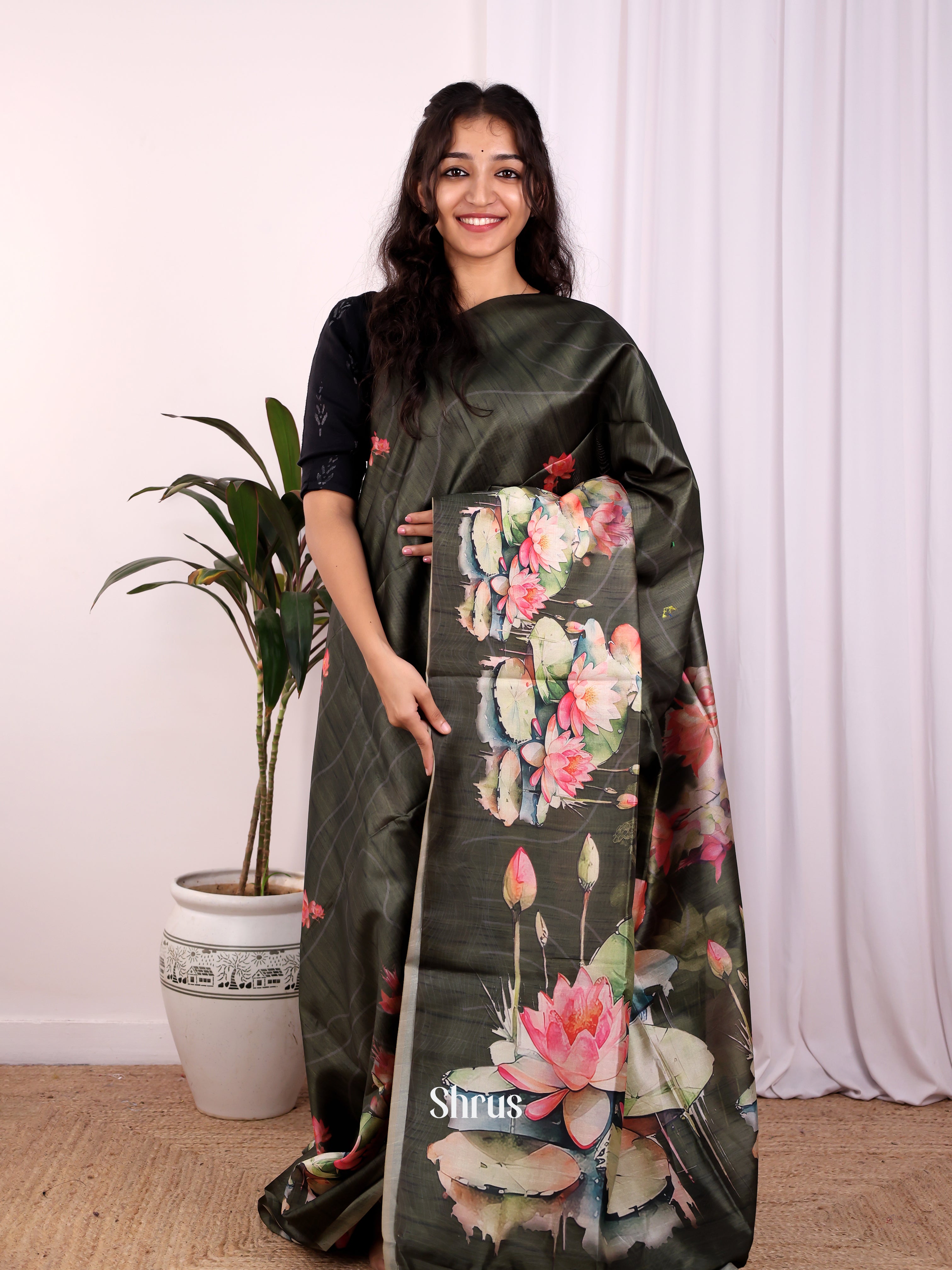 black- Champa semitussar Saree - Shop on Shrus.com