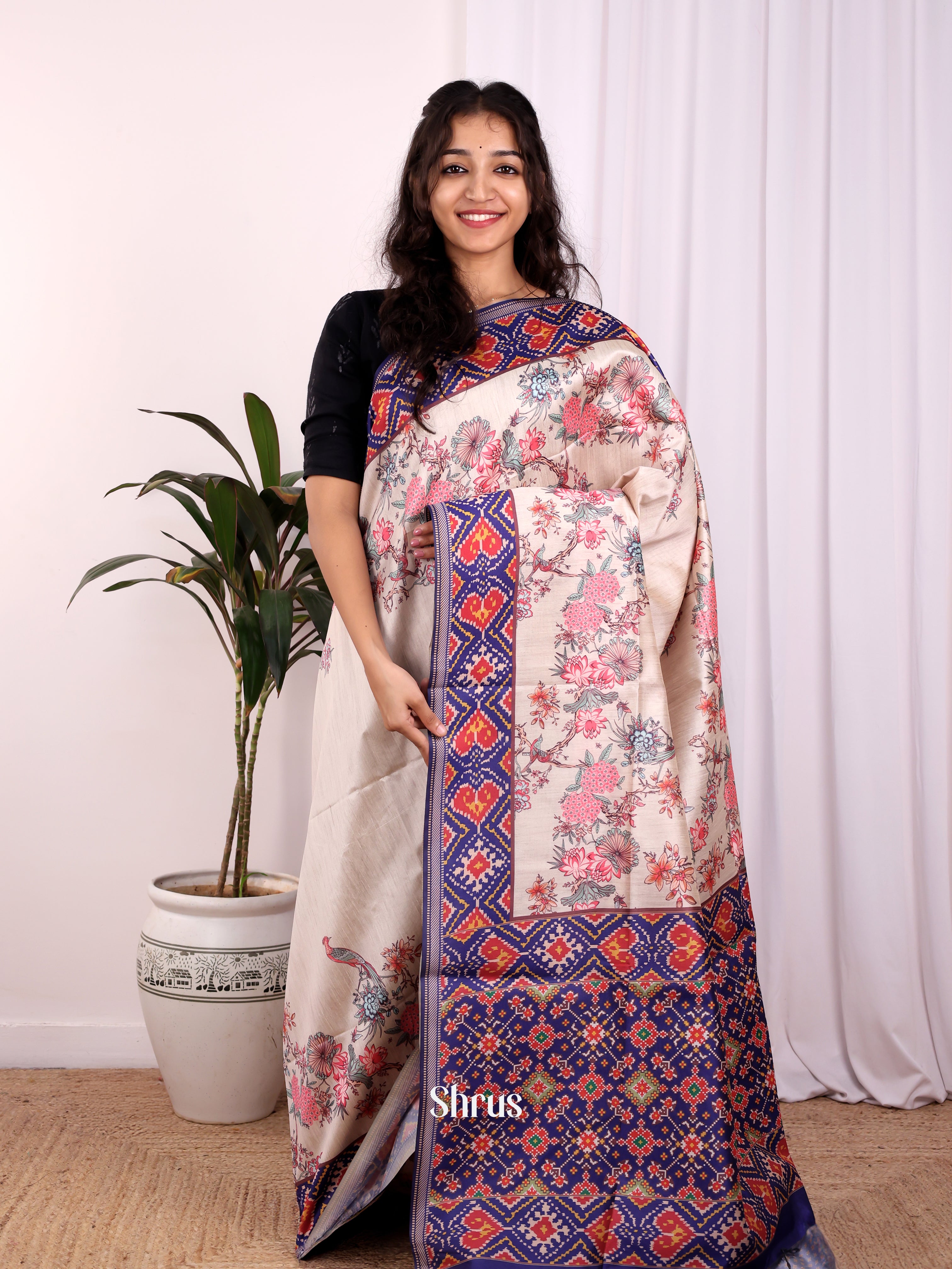 Cream & Violet- Champa semitussar Saree - Shop on Shrus.com