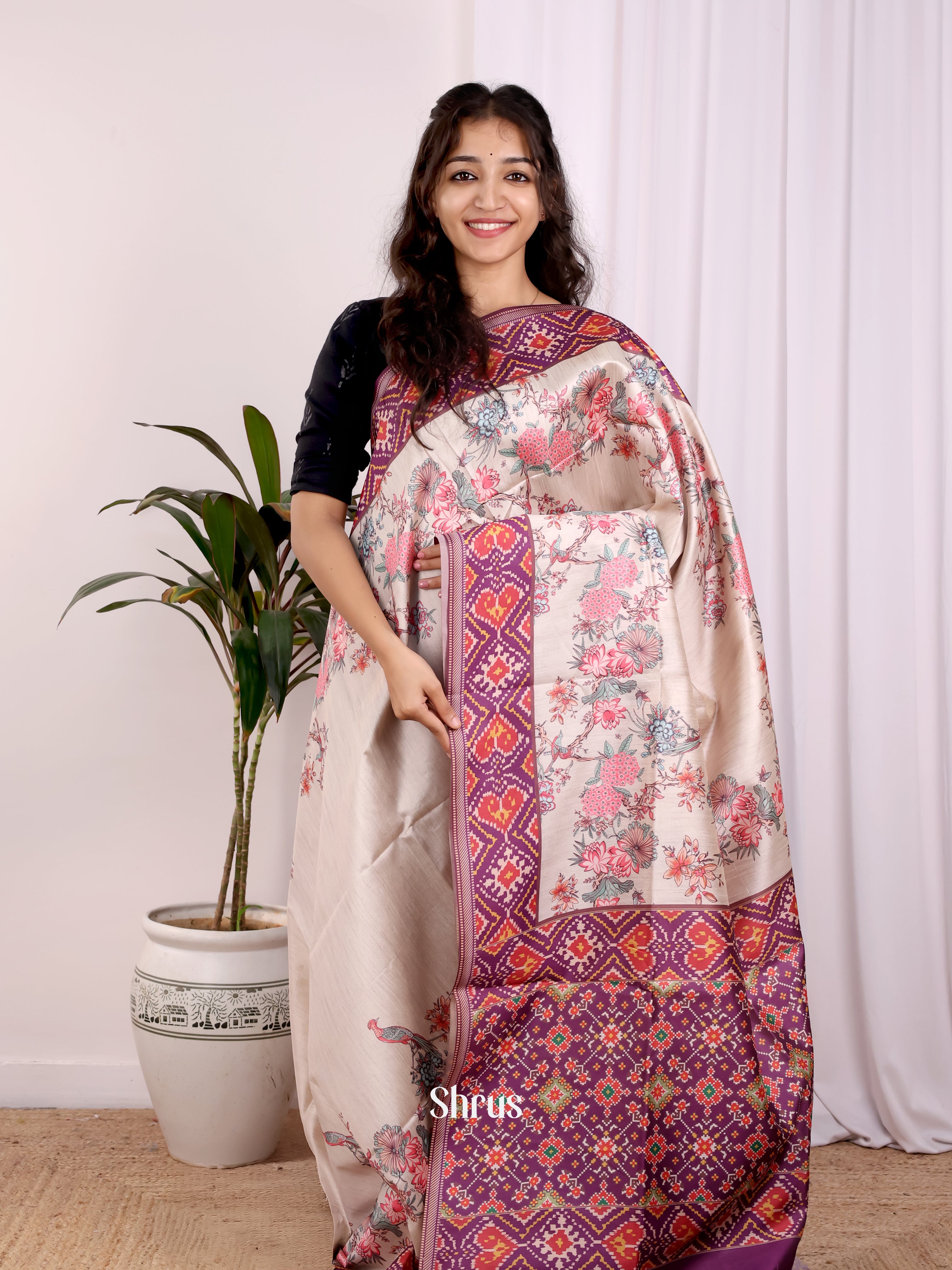 Cream & Purple- Champa semitussar Saree - Shop on Shrus.com