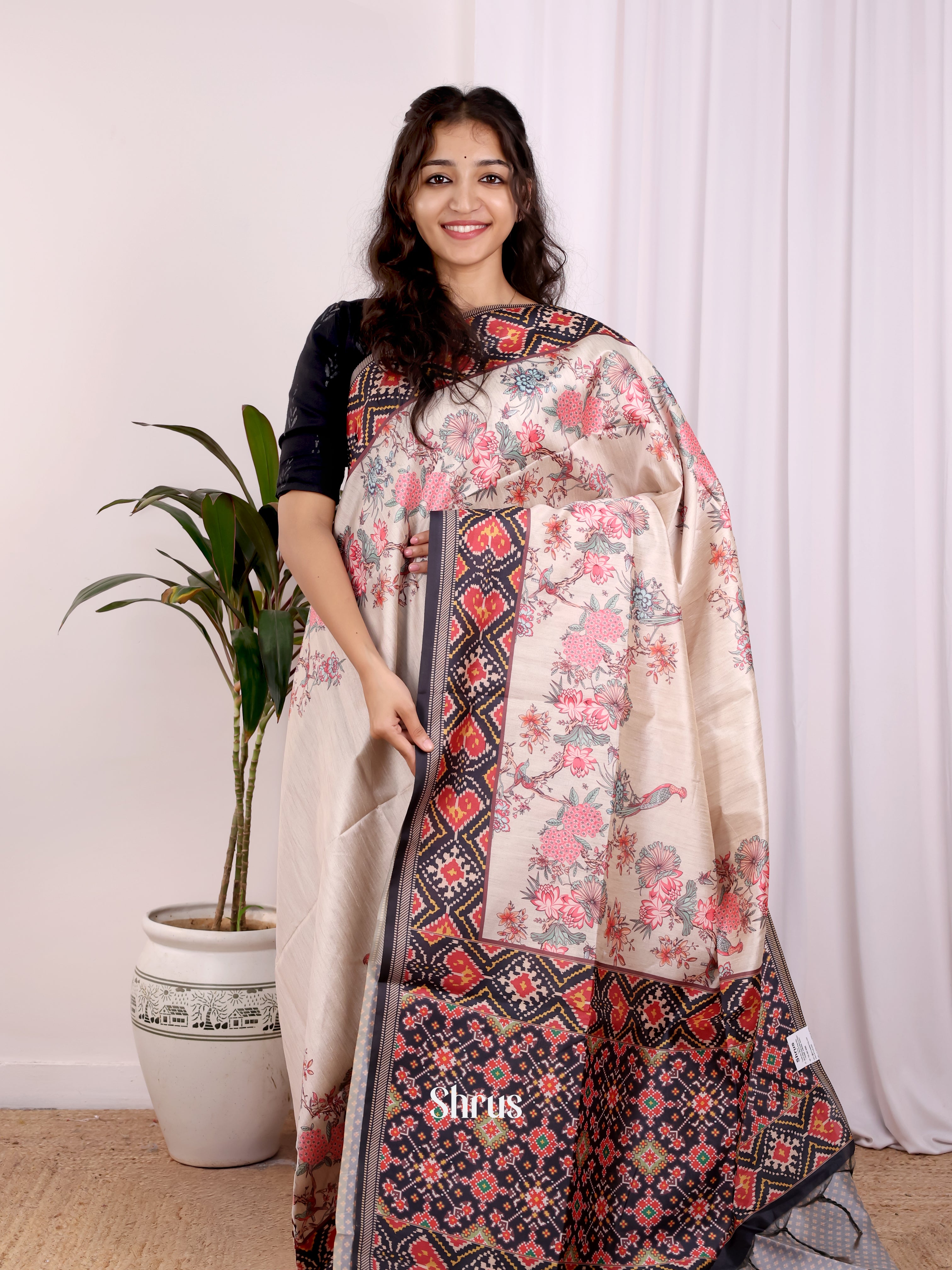 Cream & Black - Champa semitussar Saree - Shop on Shrus.com