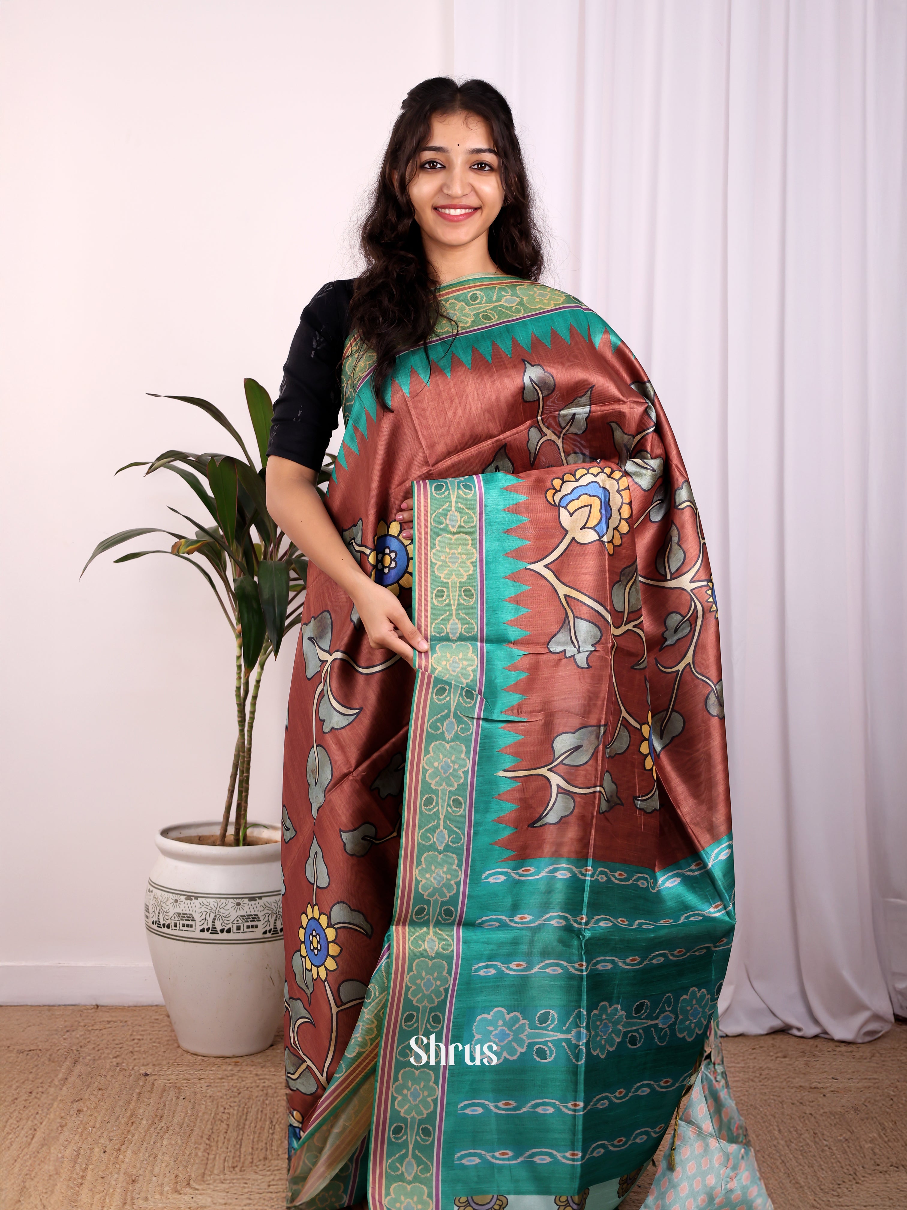 Brown & Green- Champa semitussar Saree - Shop on Shrus.com
