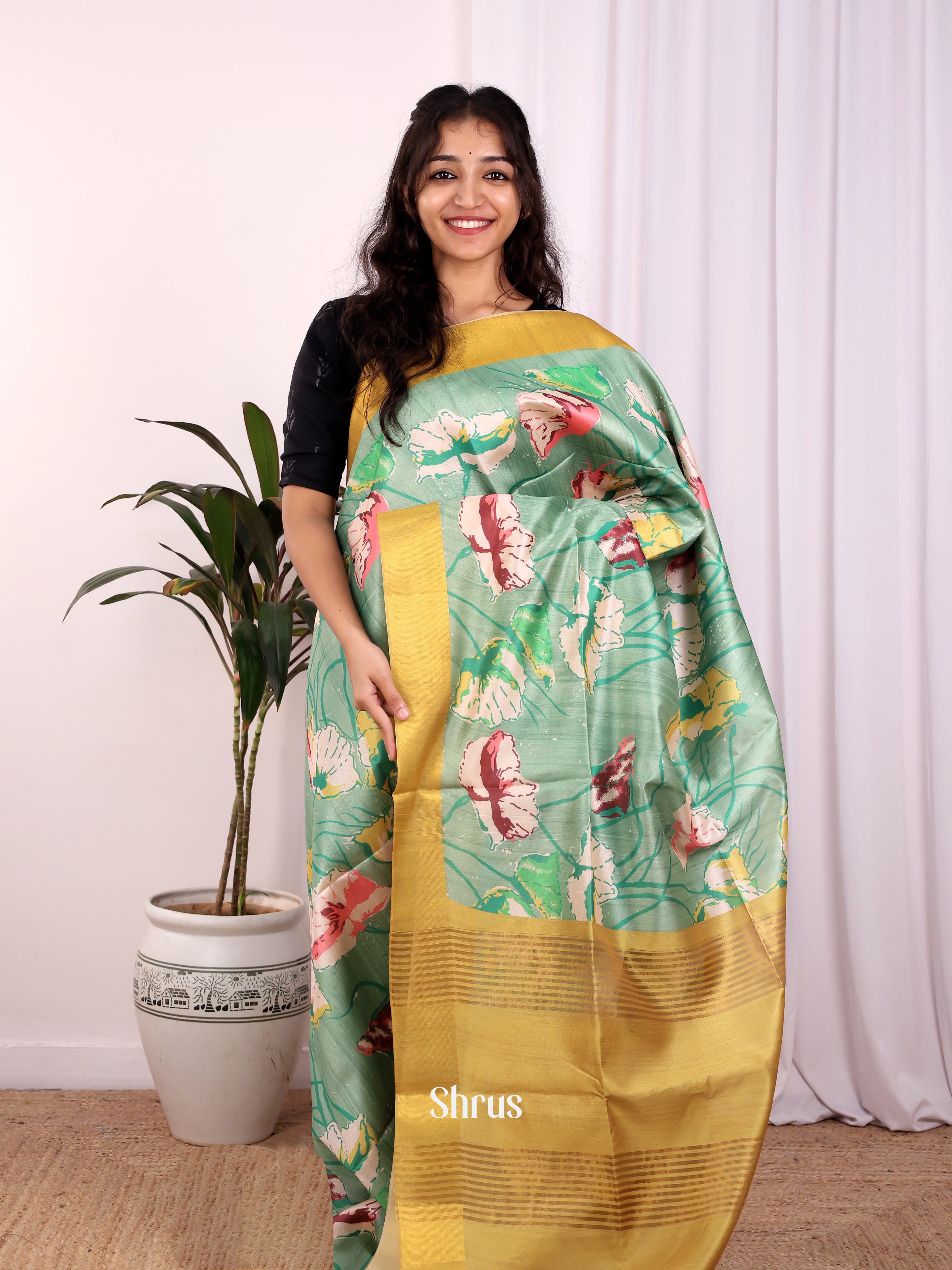 Green & Mustard- Champa semitussar Saree - Shop on Shrus.com